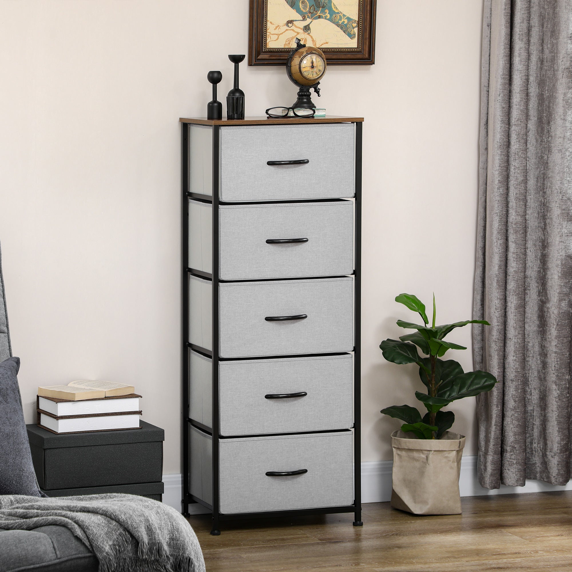 HOMCOM Fabric Chest of Drawers, Storage Drawers, Industrial Bedroom Dresser with 5 Fabric Drawers, Steel Frame and Wooden Top for Nursery, Living Room, Closet, Hallway, Grey - North Peak Garden Furniture