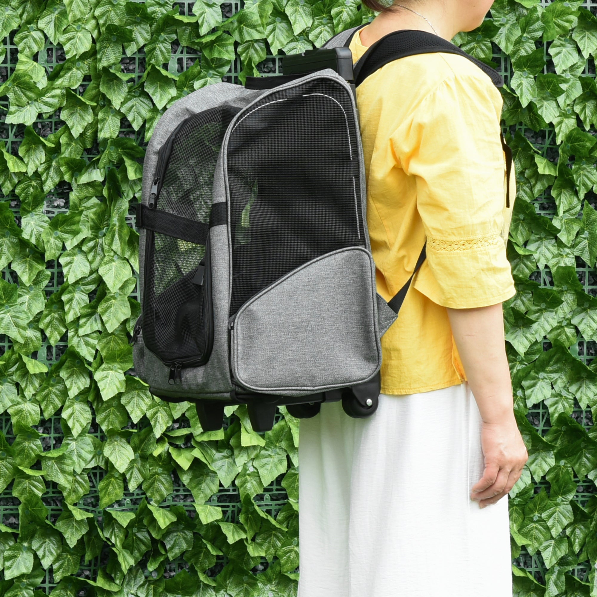 PawHut Pet Travel Backpack Bag Cat Puppy Dog Carrier w/ Trolley and Telescopic Handle Portable Stroller Wheel Luggage Bag (Grey) - North Peak Garden Furniture