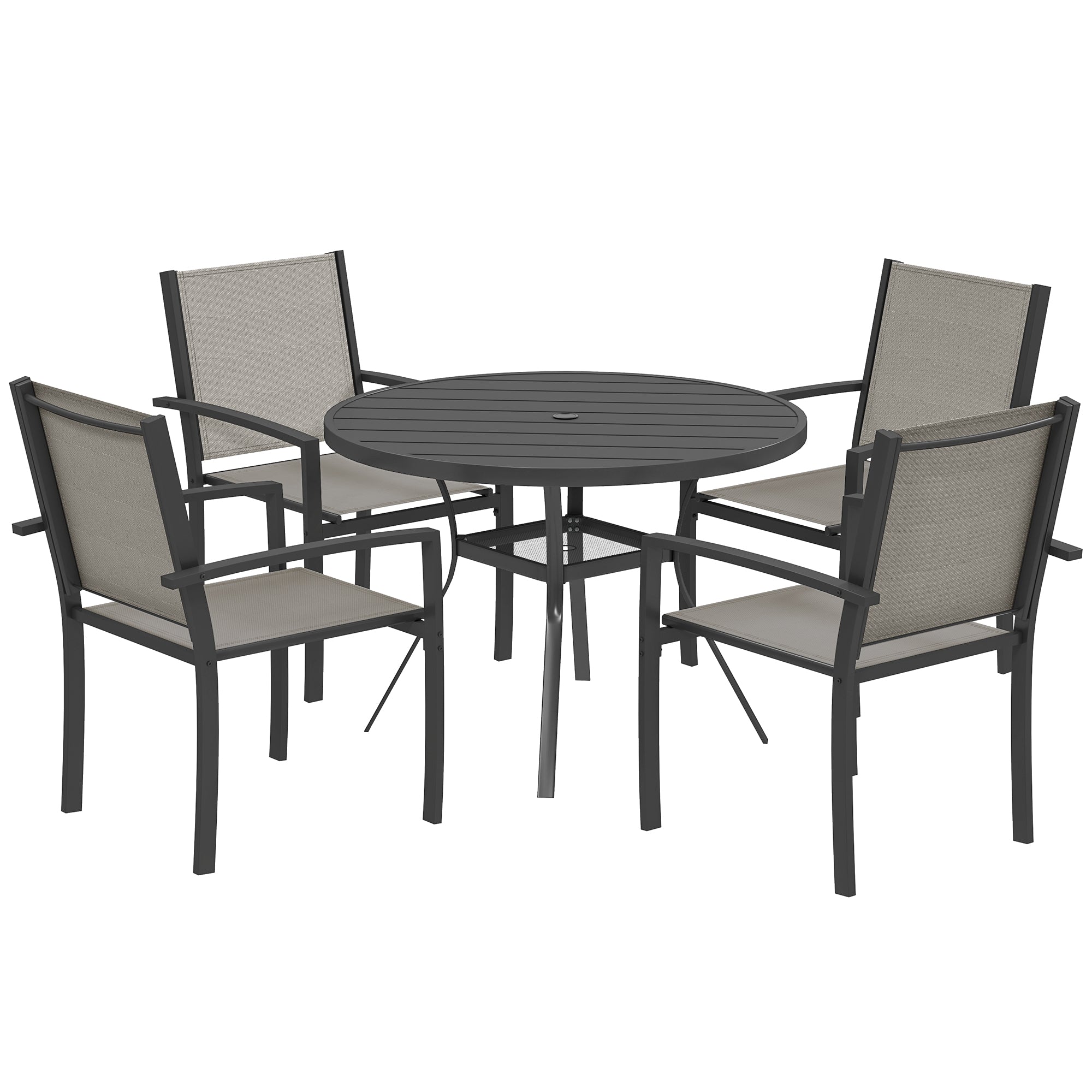 Outsunny 5 Piece Garden Furniture Set, Garden Dining Set with Round Table and 4 Stackable Chairs, Steel Frame, for Outdoor, Patio, Terraces, Dark Grey - North Peak Garden Furniture