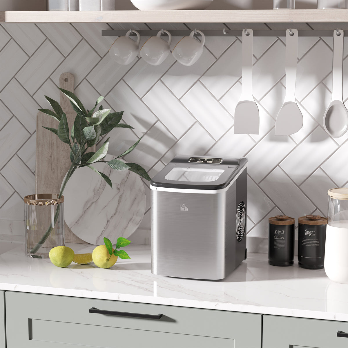 HOMCOM Ice Maker Machine, Counter Top Ice Cube Maker for Home, 9 Ice Cubes per 8 Minutes, 1.8L with Self Cleaning Function, Scoop and Basket Stainless Steel No Plumbing Required Black