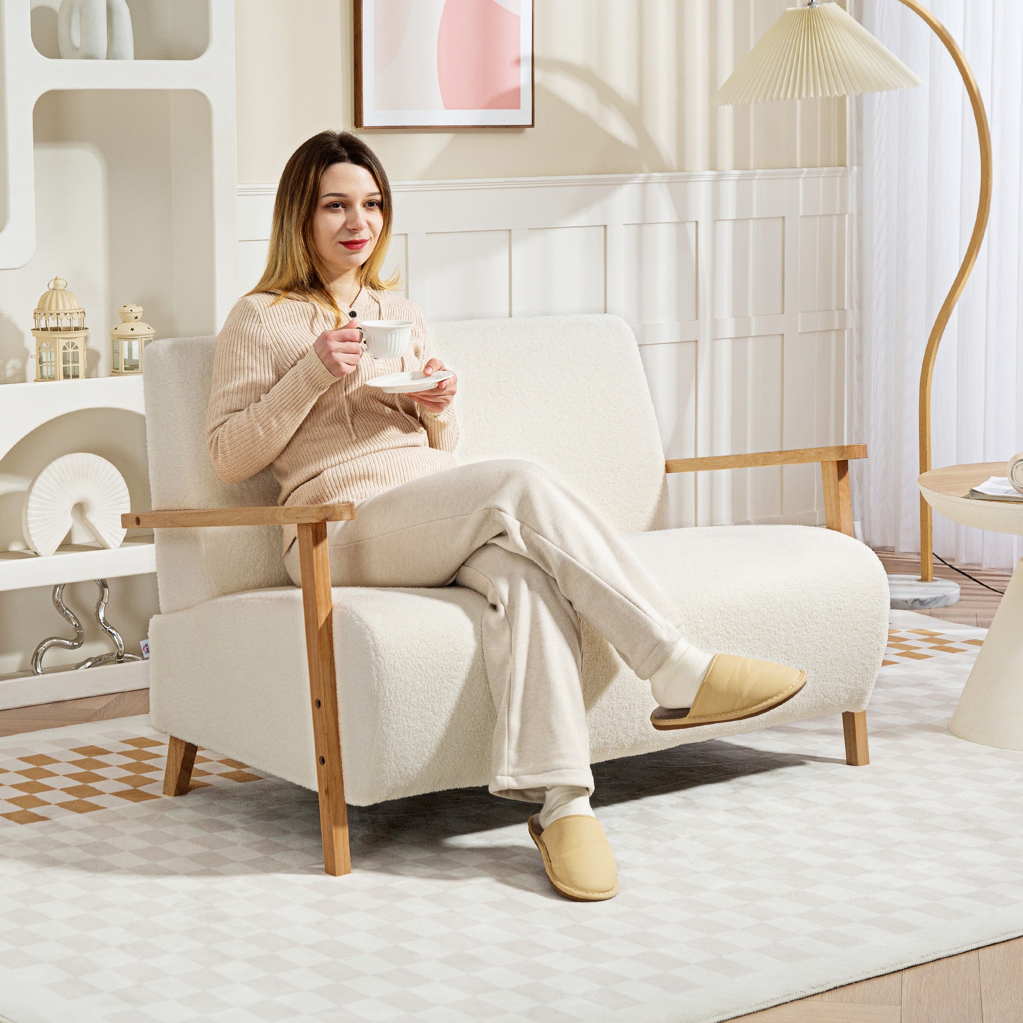 HOMCOM Small Sherpa Fabric 2 Seater Sofa Settee - Cream White - North Peak Garden Furniture