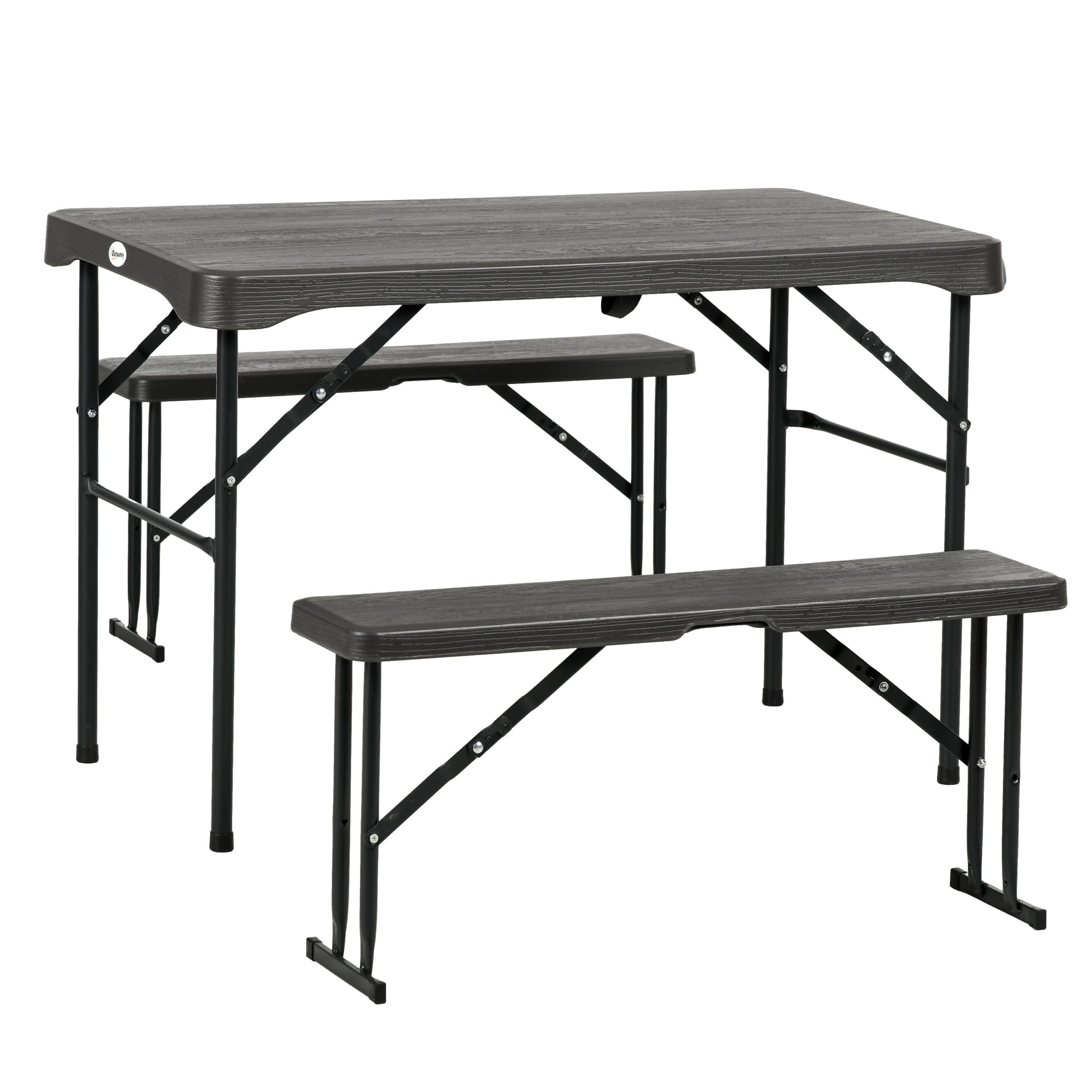 Outsunny Folding Picnic Table with 2 Benches, 3-Piece Portable Garden Furniture Set for 4, Dining Table Set with Plastic Top, Steel Frame, Dark Grey - North Peak Garden Furniture