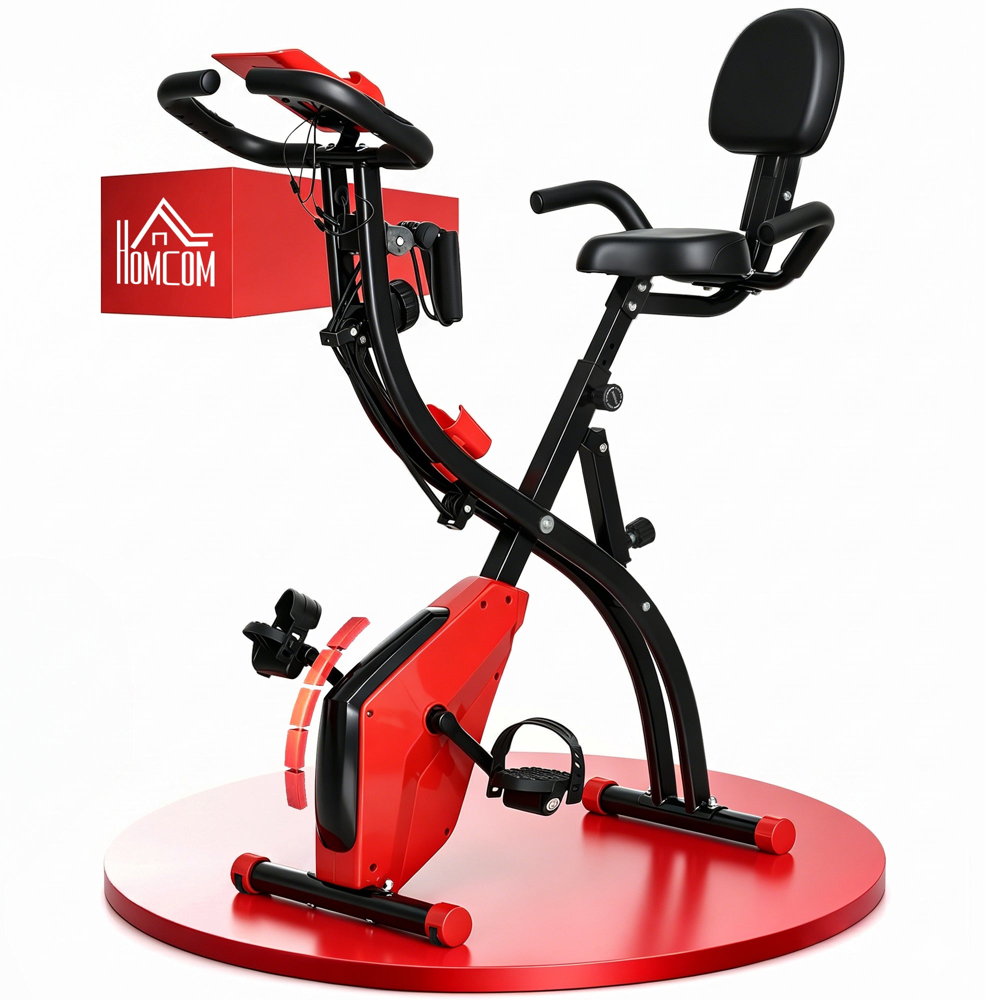 HOMCOM 2-in-1 Folding Exercise Bike with 8-Level Magnetic Resistance, Arm Resistance Band, Pulse Sensor, Red