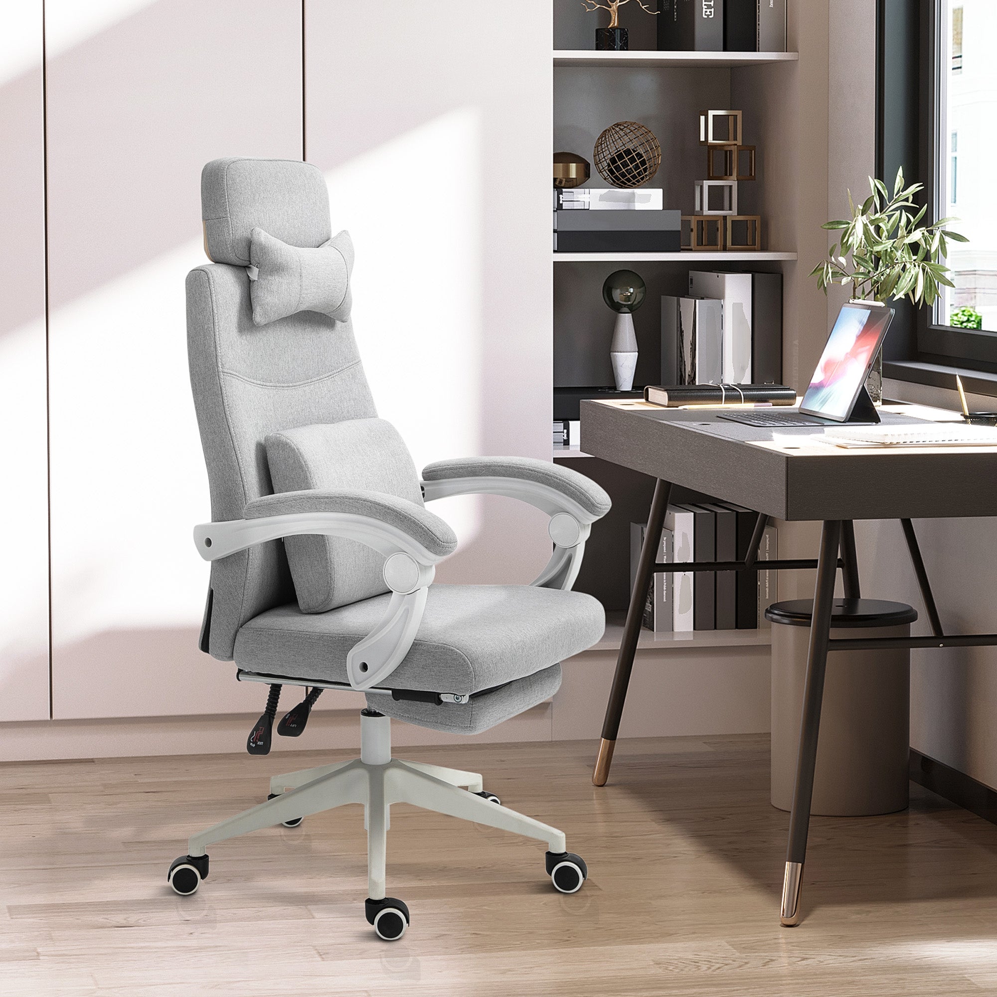 Vinsetto Office Chair, Ergonomic Desk Chair, High Back Fabric Work Chair with 160° Reclining Backrest, Retractable Footrest, Neck and Lumbar Pillow for Home and Study, Grey - North Peak Garden Furniture