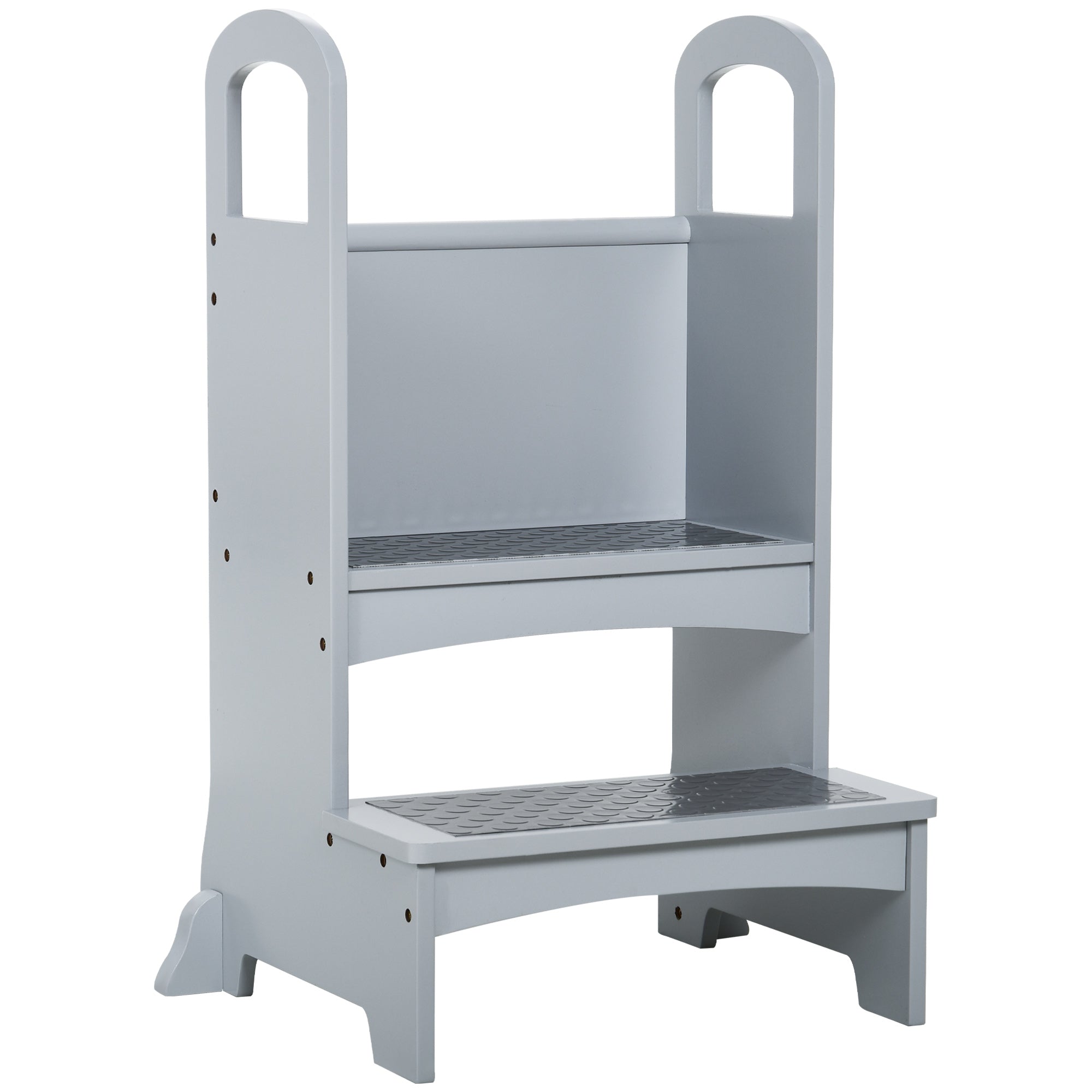 HOMCOM Kids Wooden Step Stool Kitchen Helper w/ Non-Slip Panels Handles Child Toddler Home Help 3 - 8 Yrs Grey - North Peak Garden Furniture