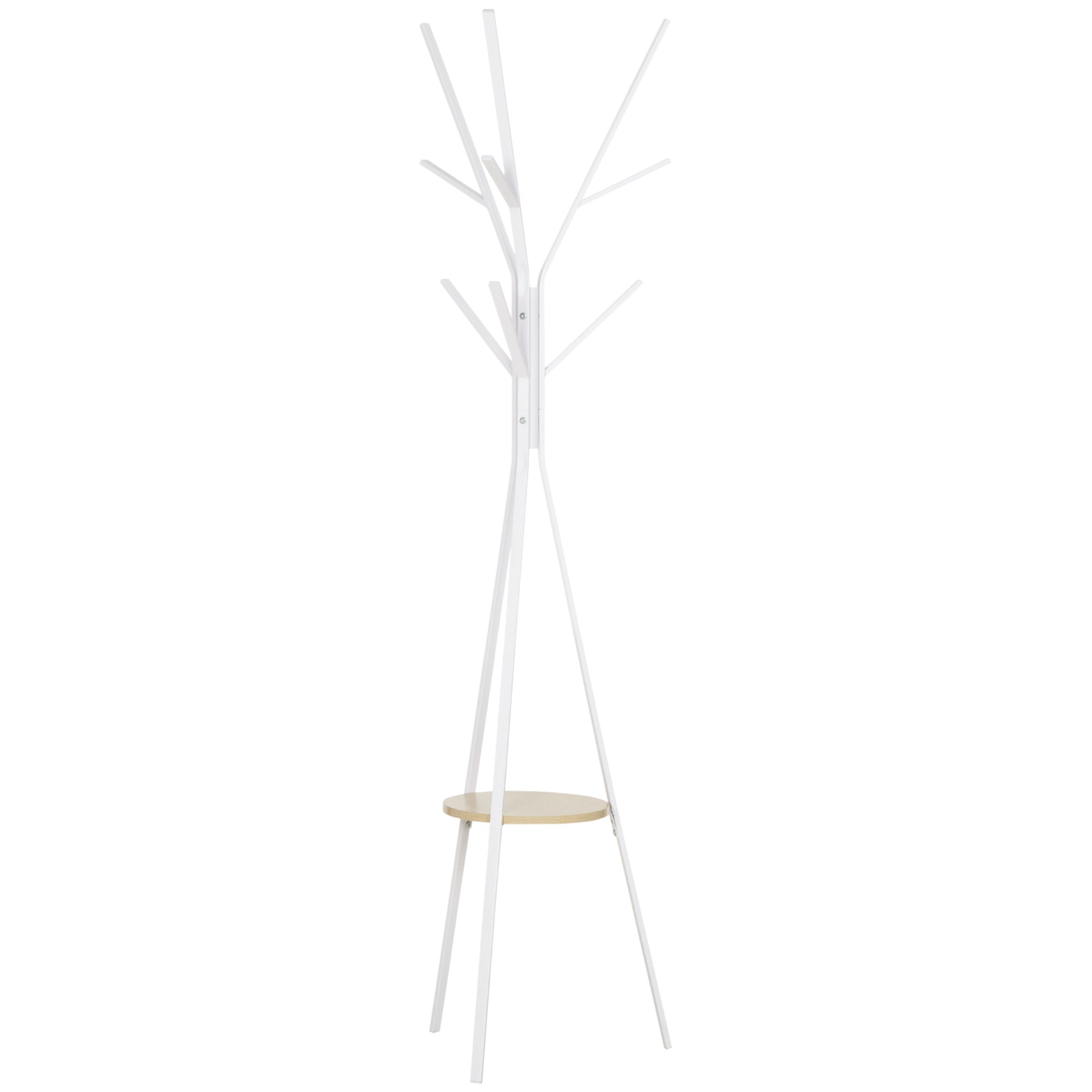 HOMCOM Freestanding Metal Coat Rack Stand 9 Hooks Clothes Tree with 1 Shelf Hat Display Hall Tree Hanger Bag Umbrella Hanging Organiser White
