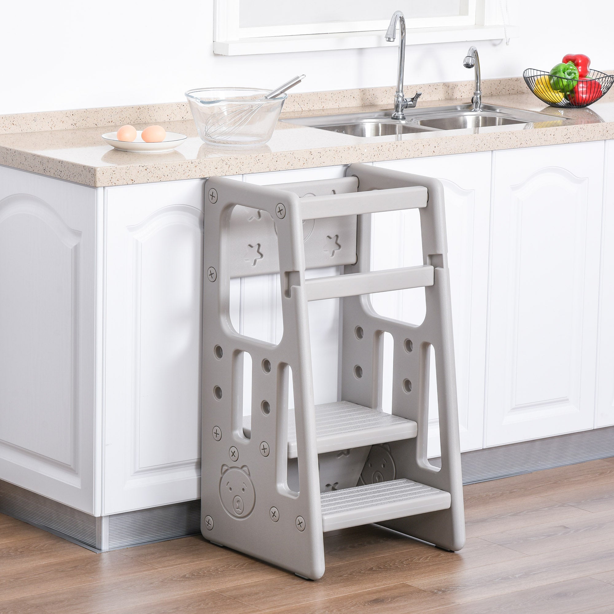 HOMCOM Kids Step Stool, with Adjustable Platform and Non-Slip Mat – Grey - North Peak Garden Furniture