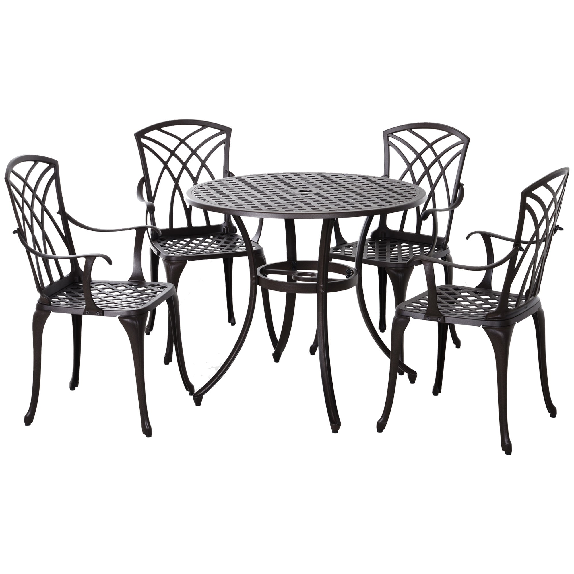 Outsunny 5 Pieces Outdoor Dining Table Set, Cast Aluminium Patio Conversation Furniture Set with 4 Armchairs, a Round Dining Table with Parasol Hole, Brown - North Peak Garden Furniture
