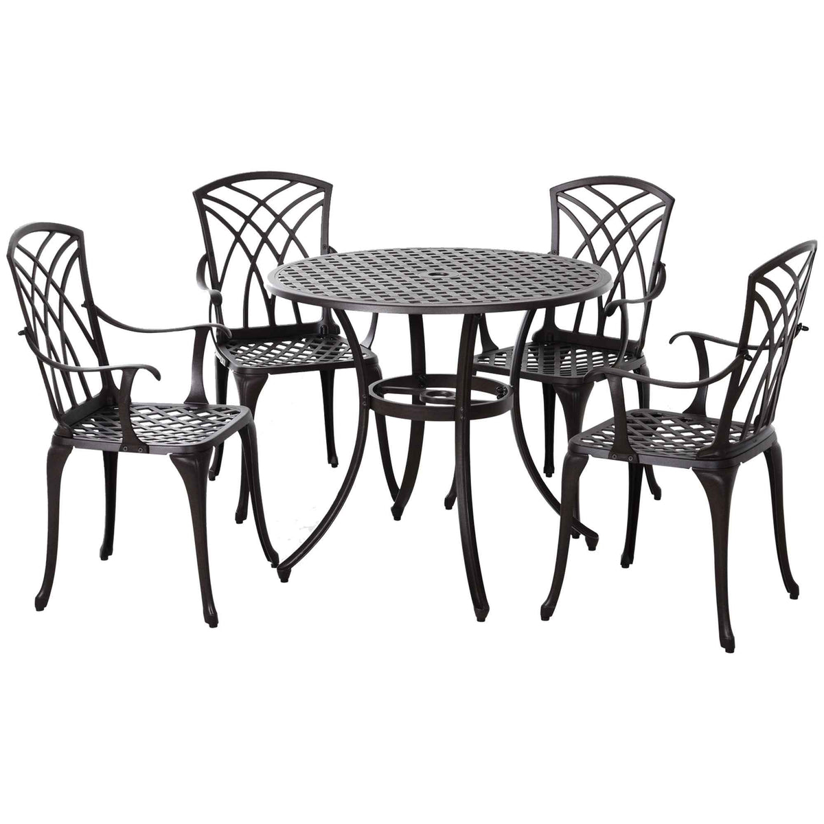 Outsunny 5 Pieces Outdoor Dining Table Set, Cast Aluminium Patio Conversation Furniture Set with 4 Armchairs, a Round Dining Table with Parasol Hole, Brown