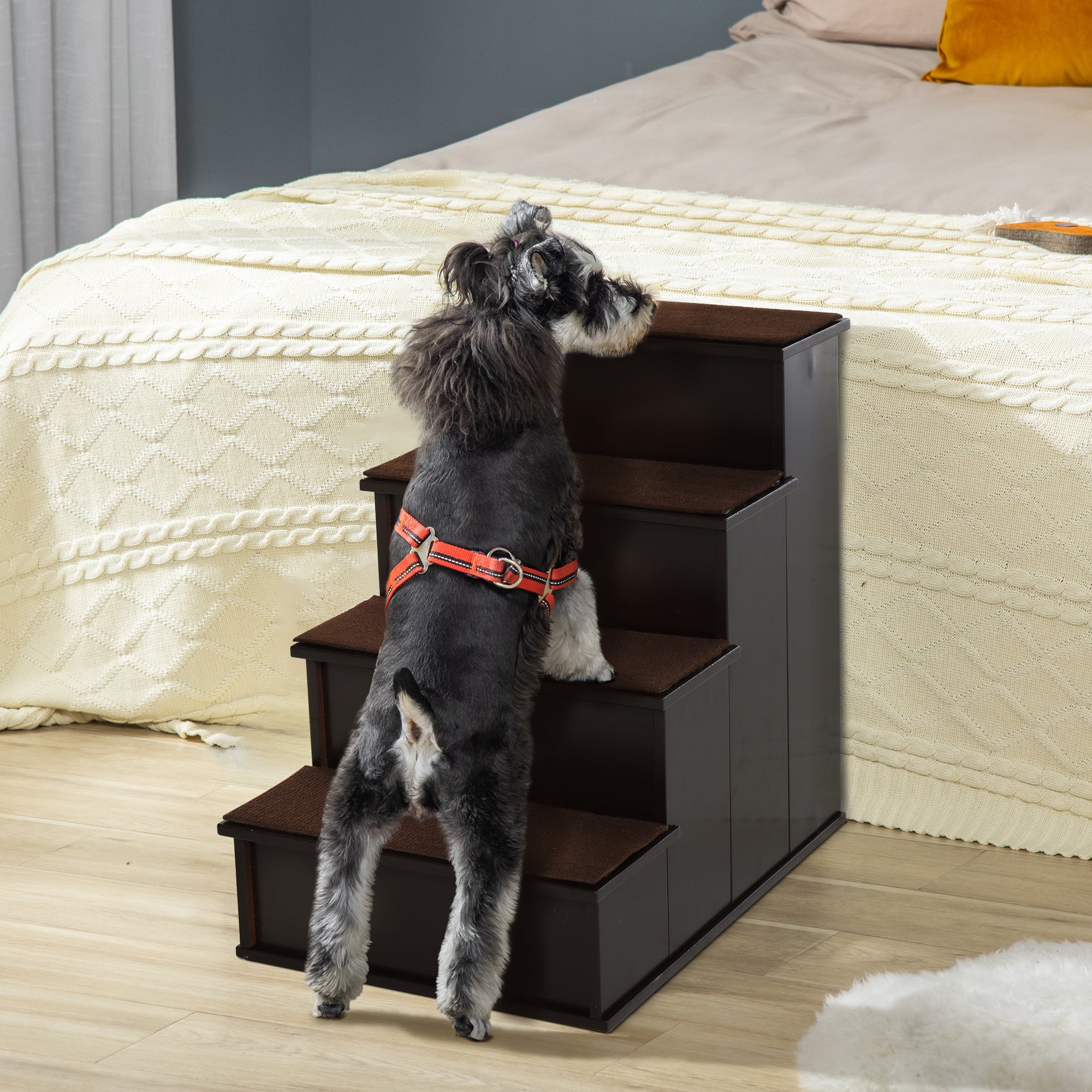 PawHut 4 Step Wooden Dog Steps Pet Stairs for Dogs, Cat Ladder for Bed Couch with Non-Slip Carpet 40 x 59 x 54.2 cm, Dark brown - North Peak Garden Furniture