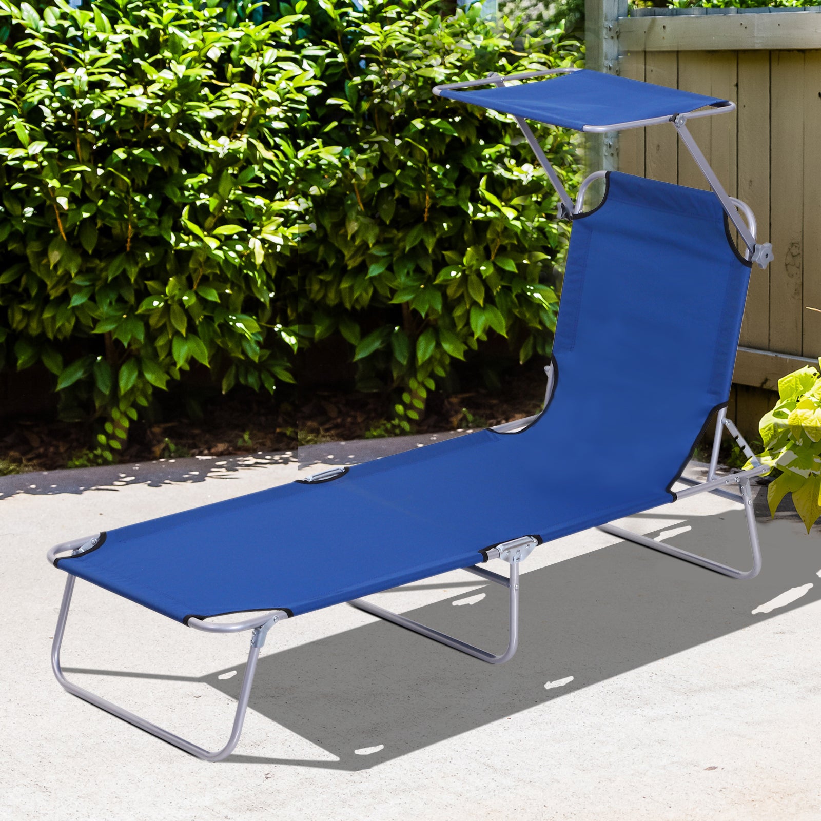 Outsunny Single Sun Lounger, with Awning and Reclining Back - Blue - North Peak Garden Furniture