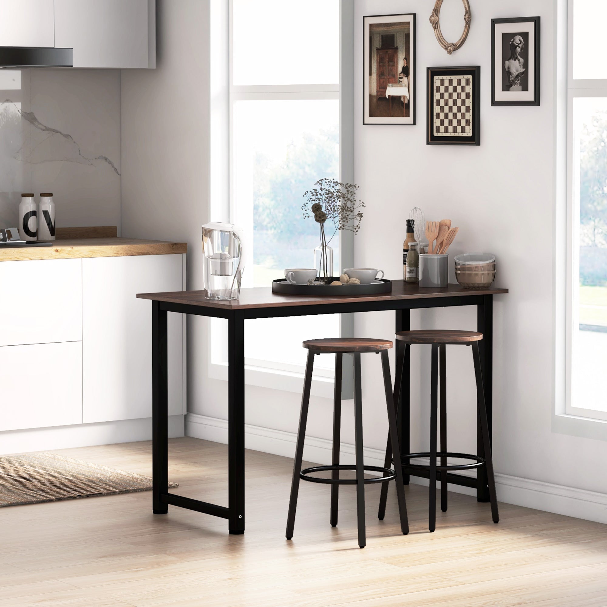 HOMCOM Bar Stools, Set of 2 Kitchen Breakfast Stools with Sturdy Steel Frame, Industrial Tall Bar Chairs, 65cm High Seat, Rustic Brown - North Peak Garden Furniture