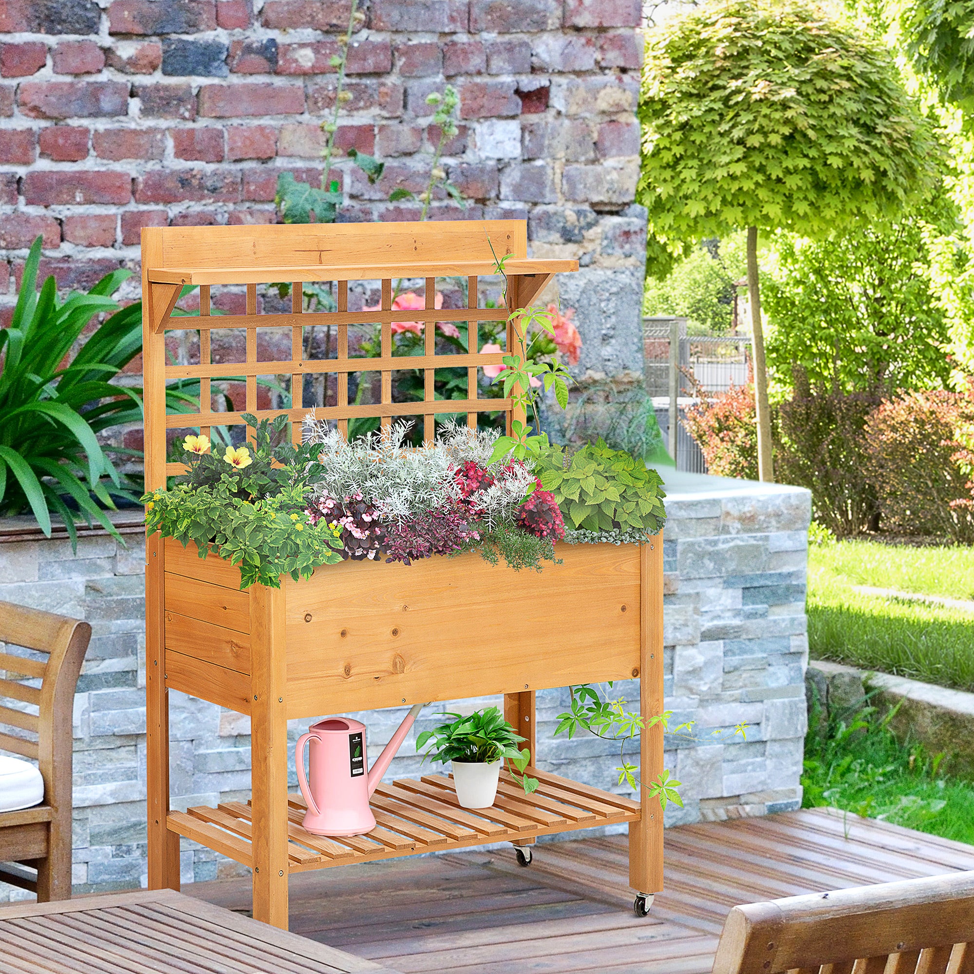 Outsunny Wooden Planter Raised Elevated Garden Bed with 2 Shelves for Vegetables Flowers - North Peak Garden Furniture