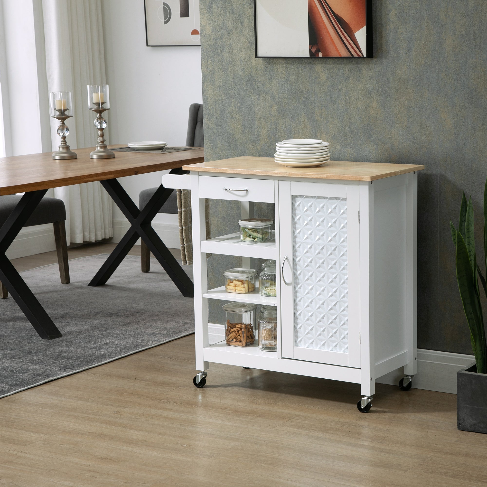 HOMCOM Kitchen Trolley, Kitchen Island on Wheels with Embossed Door Panel, Utility Kitchen Cart with 3 Storage Shelves, White - North Peak Garden Furniture