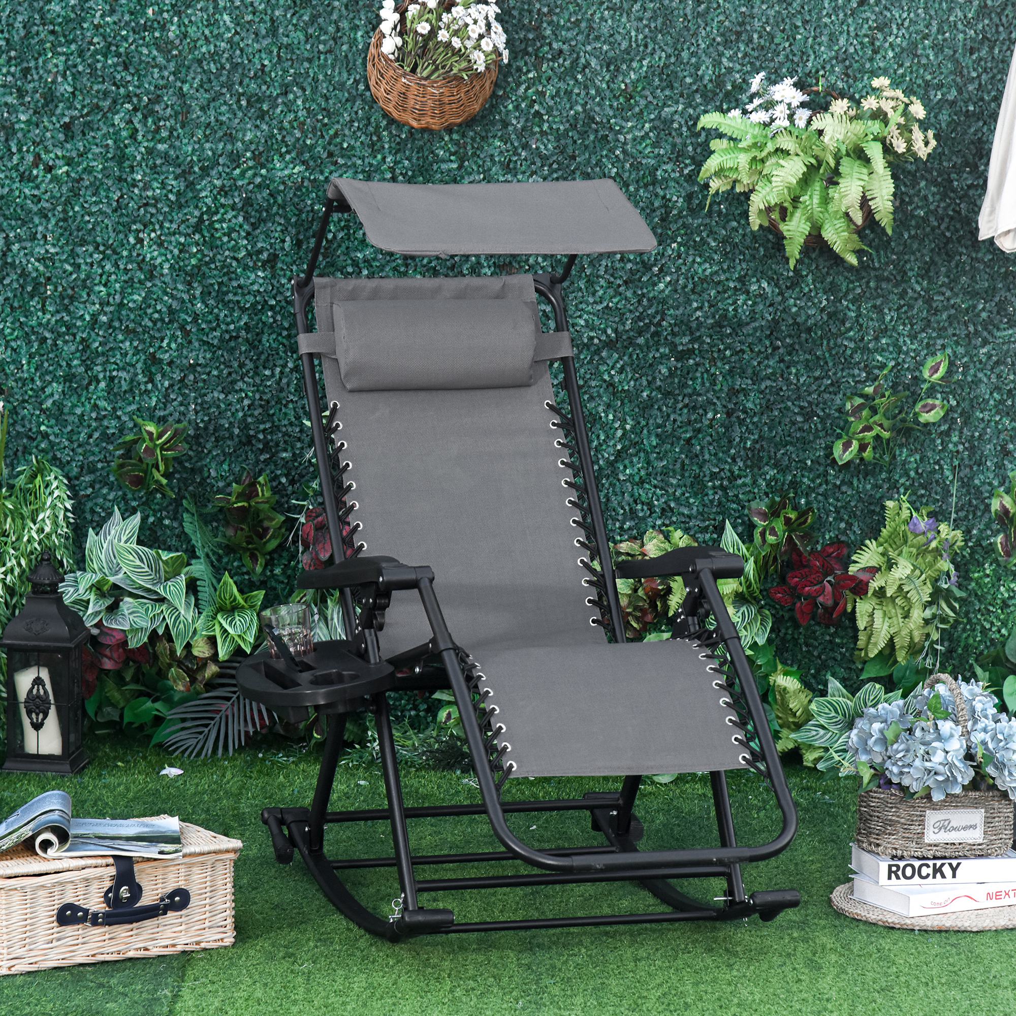 Outsunny Garden Rocking Chair Folding Recliner Outdoor Adjustable Sun Lounger Rocker Zero-Gravity Seat with Headrest Side Holder Patio Deck - Grey - North Peak Garden Furniture