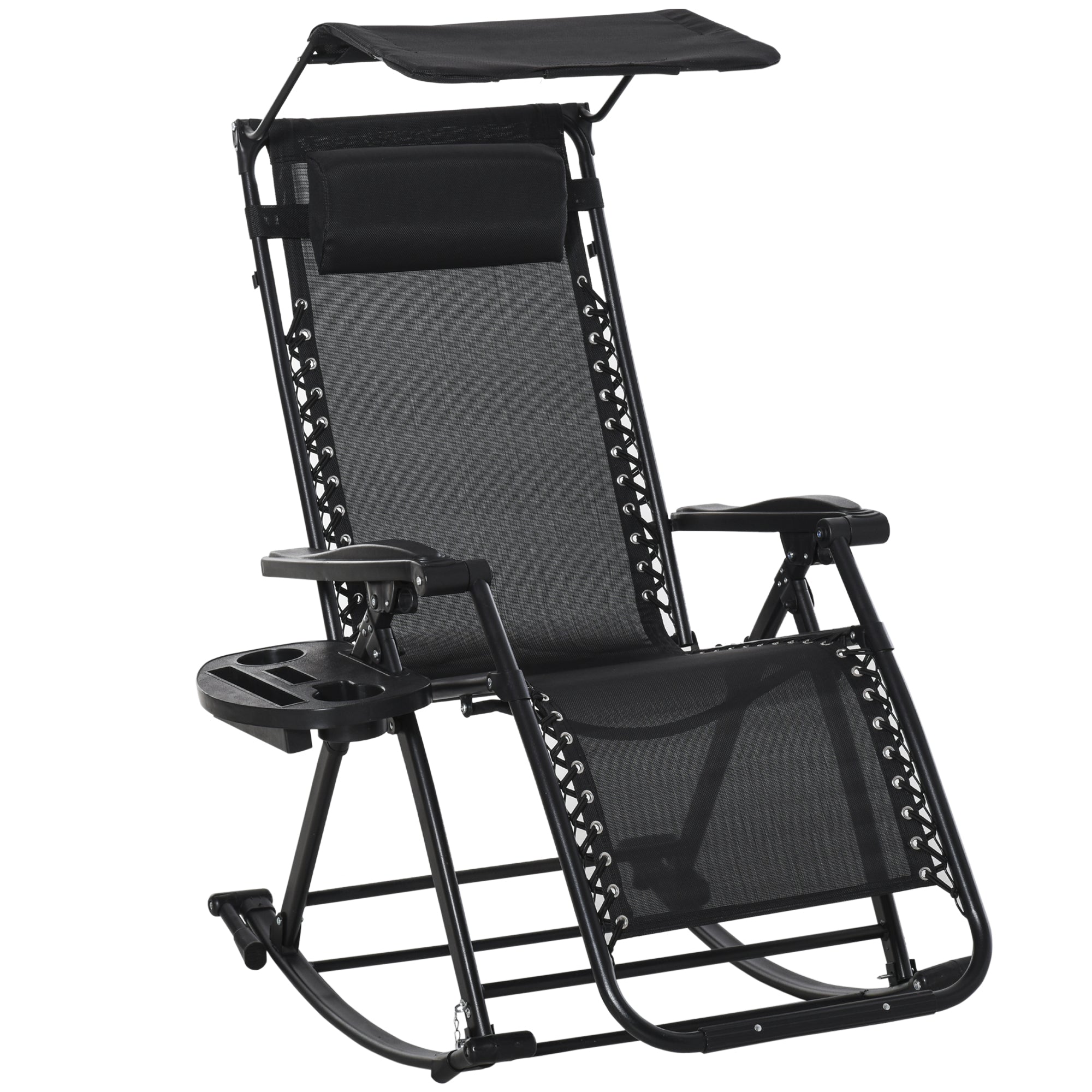 Outsunny Garden Rocking Chair Folding Recliner Outdoor Adjustable Sun Lounger Rocker Zero-Gravity Seat with Headrest Side Holder Patio Deck - Black - North Peak Garden Furniture