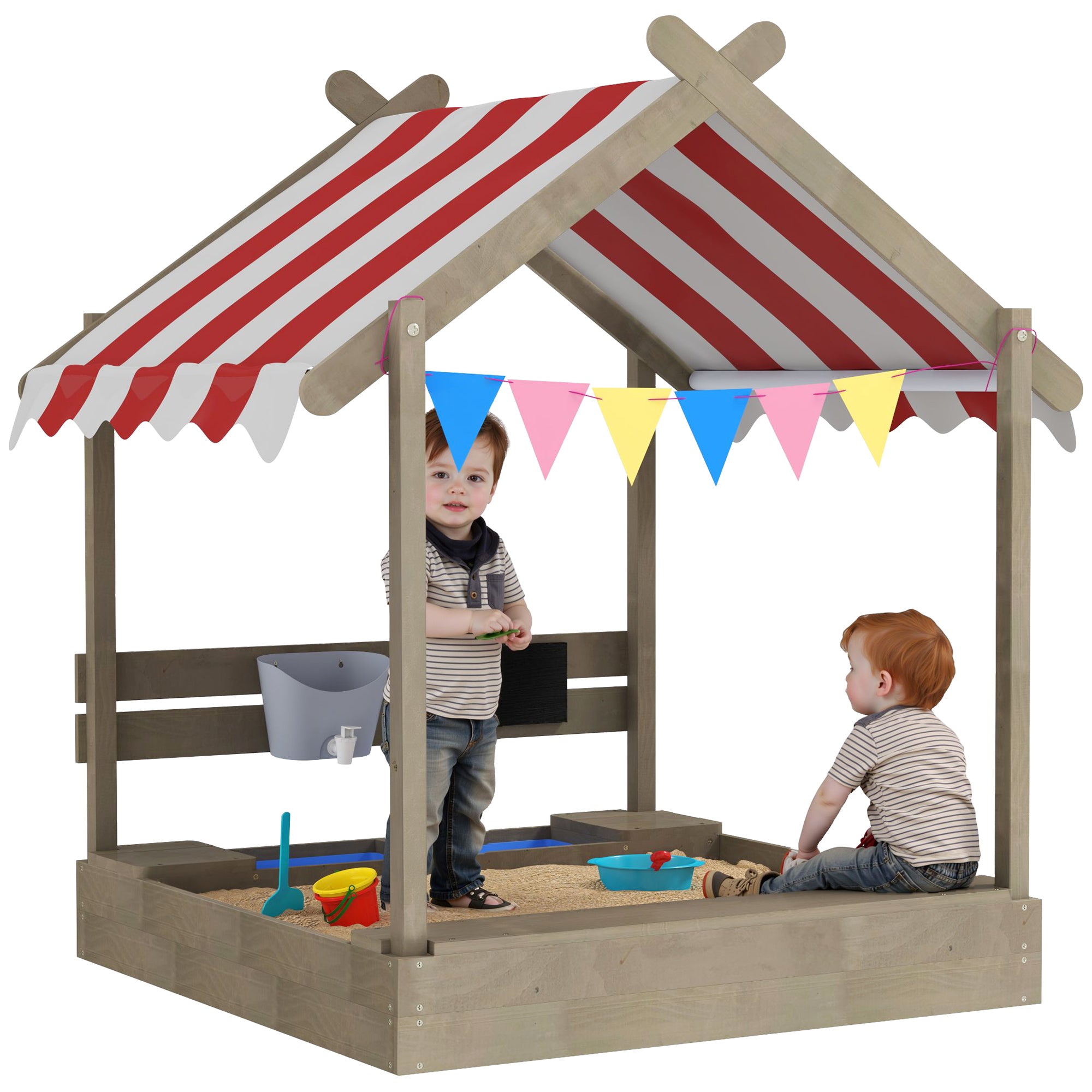 Outsunny House-Designed Wooden Sandbox, Outdoor Sandpit, with Blackboard, Toys, Sink, Seats, Flags, for Ages 3-7 Years - Grey - North Peak Garden Furniture