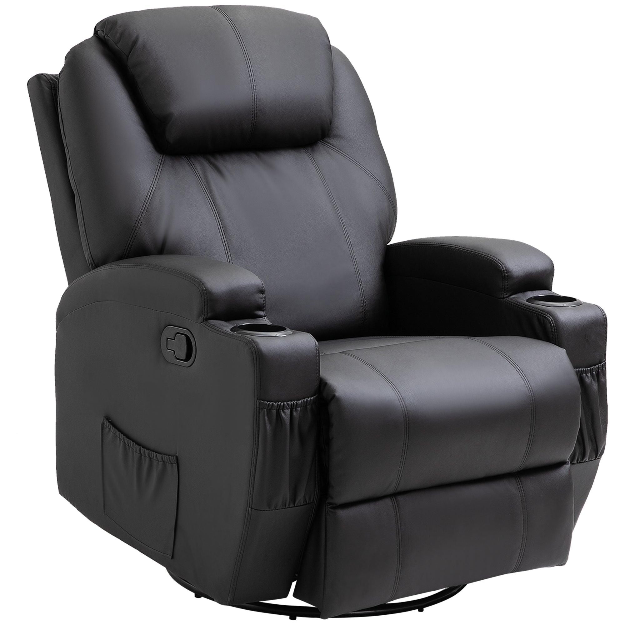 HOMCOM Recliner Armchair, Rocking Massage Swivel PU Leather Manual Reclining Chair with Adjustable Leg Rest, Drink Holders, Side Pocket, for Home Living Room Theater, Black - North Peak Garden Furniture