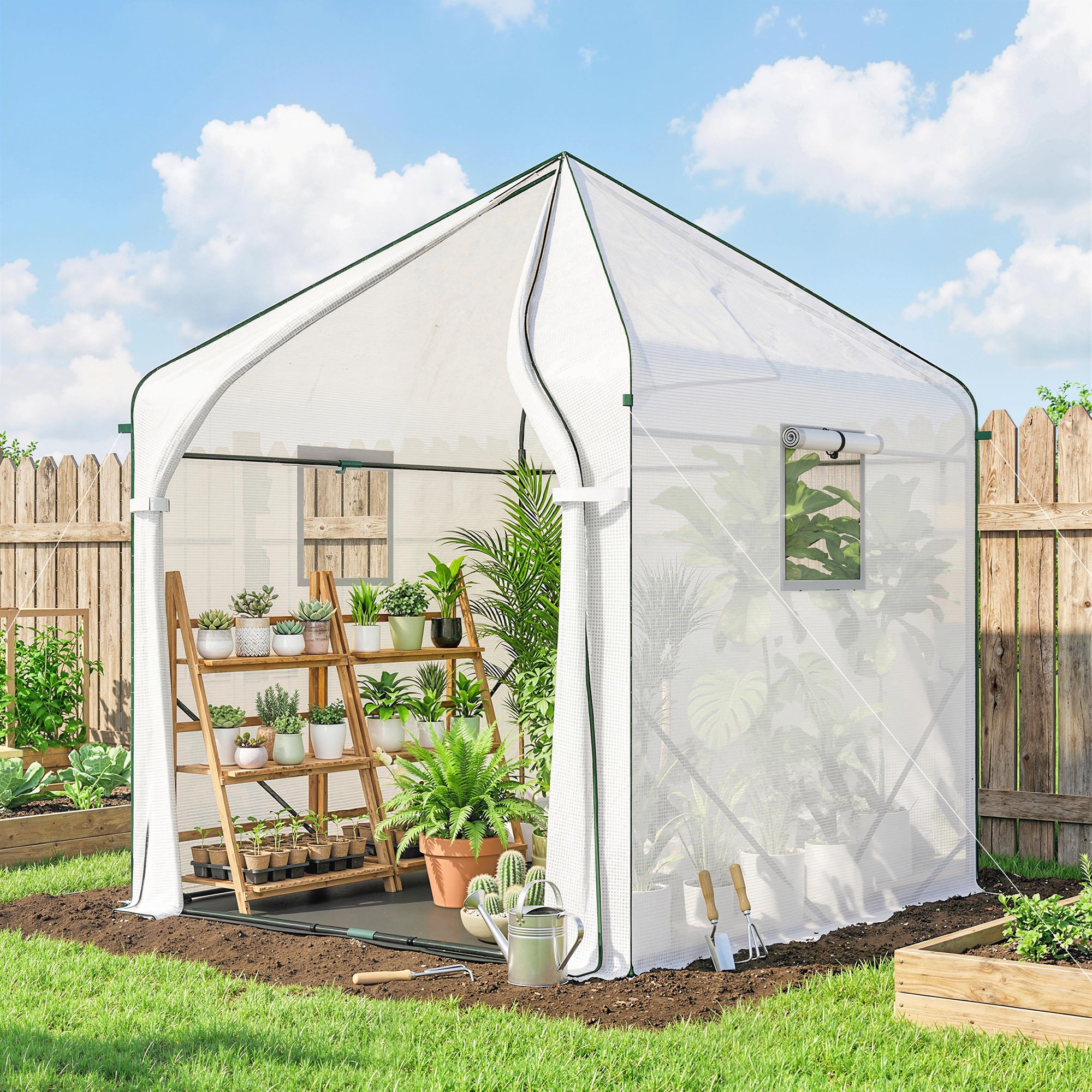 Outsunny Walk-in Greenhouse for Outdoors with Steel Frame, Large Plant House with Roll-up Door and PE Ground Cover, White