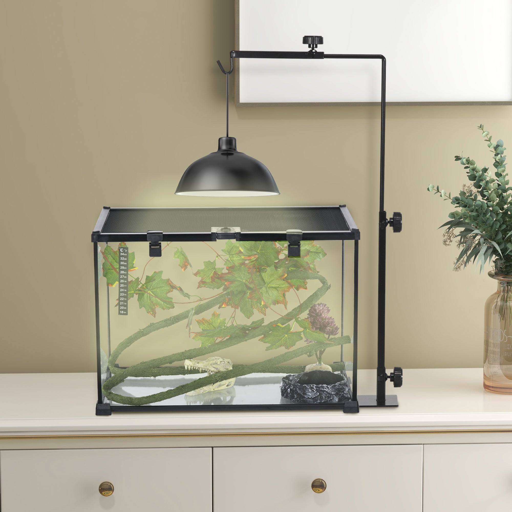 PawHut Adjustable Height and Length Reptile Lamp Stand Holder with Hook Hanging, Base - Black - North Peak Garden Furniture