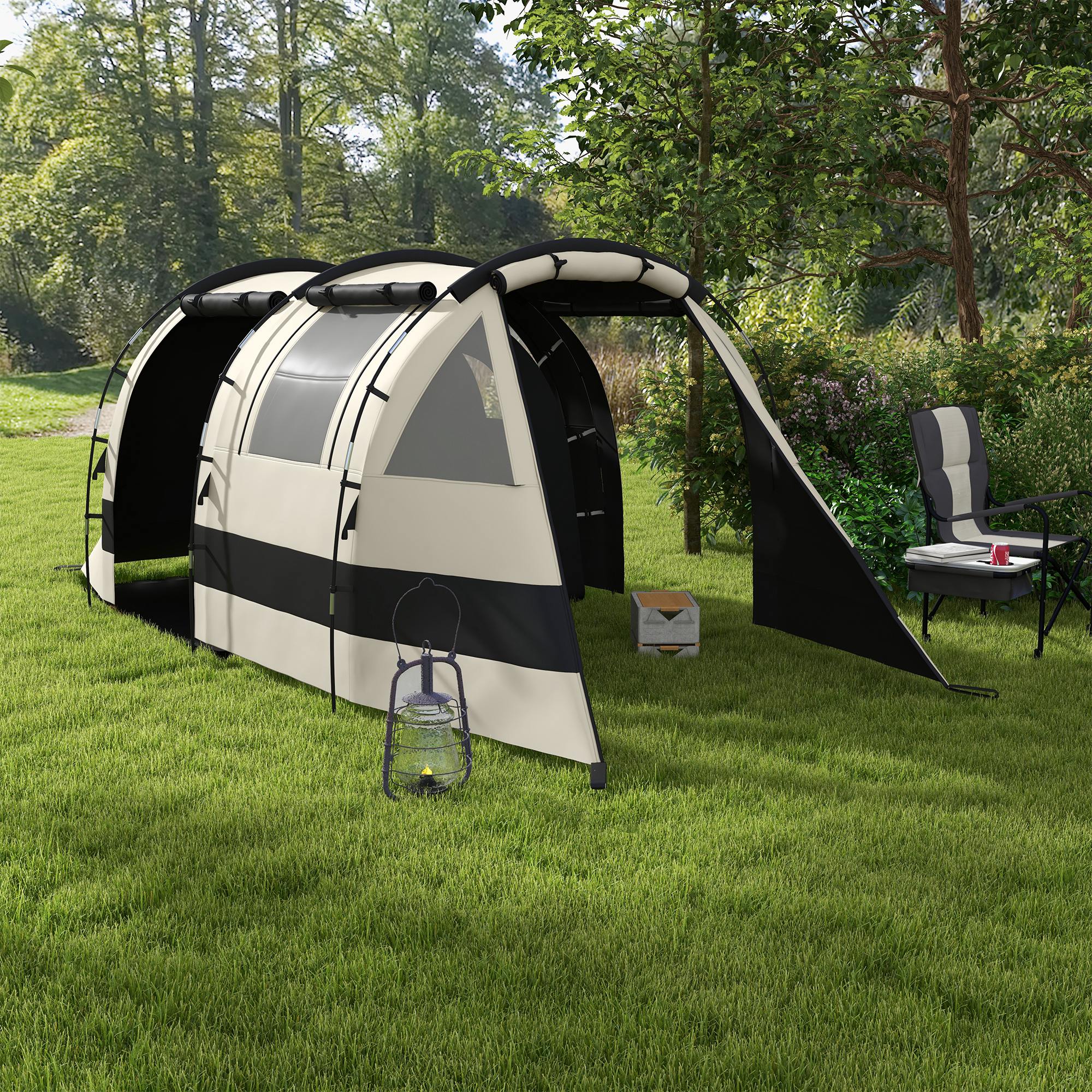 Outsunny Four Man, Two Room Blackout Tent, with Accessories - Khaki - North Peak Garden Furniture