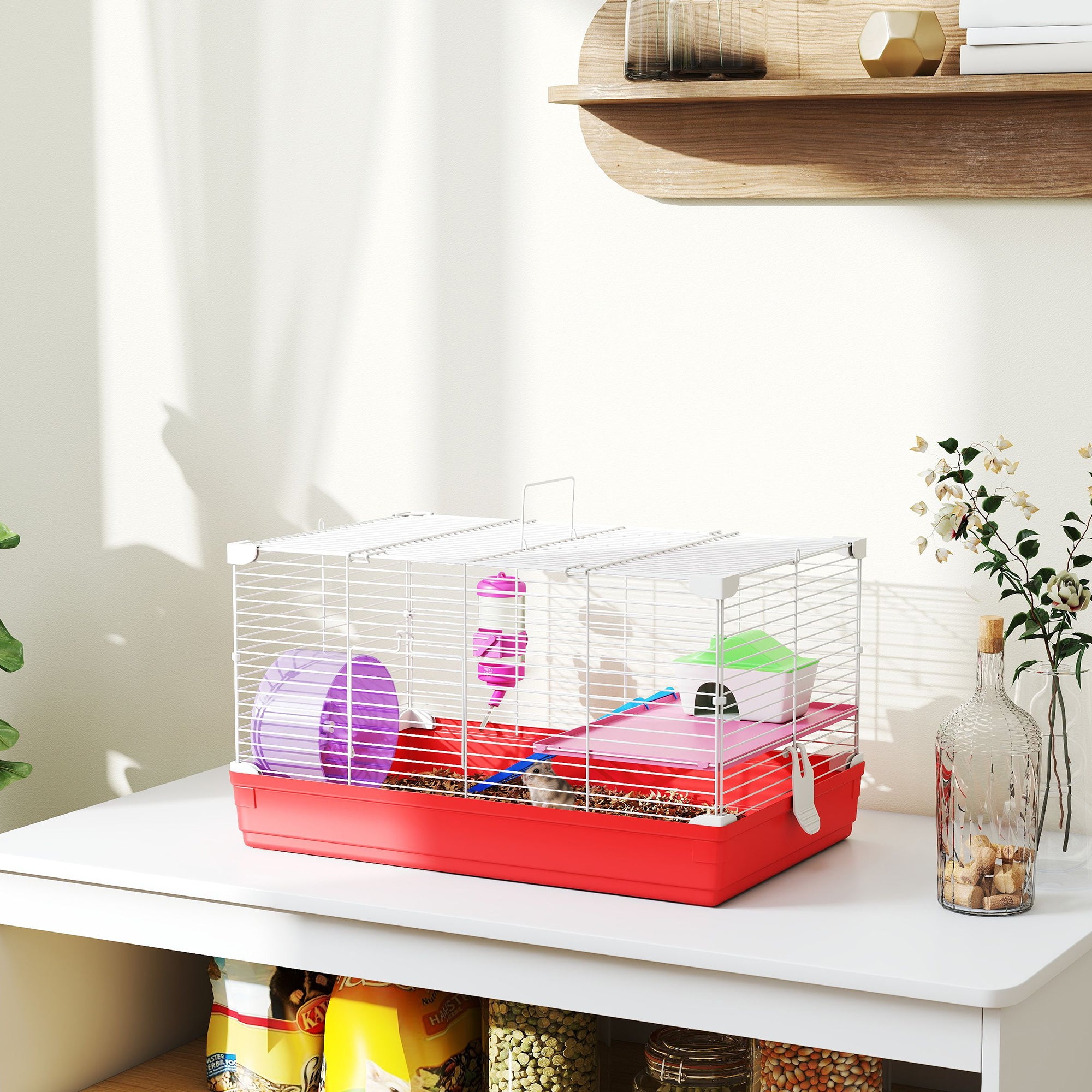 PawHut Portable 2 Storey Hamster Cage Small Pet Animal Cage Double Layers w/ Exercise Wheel Water Bottle Dishes