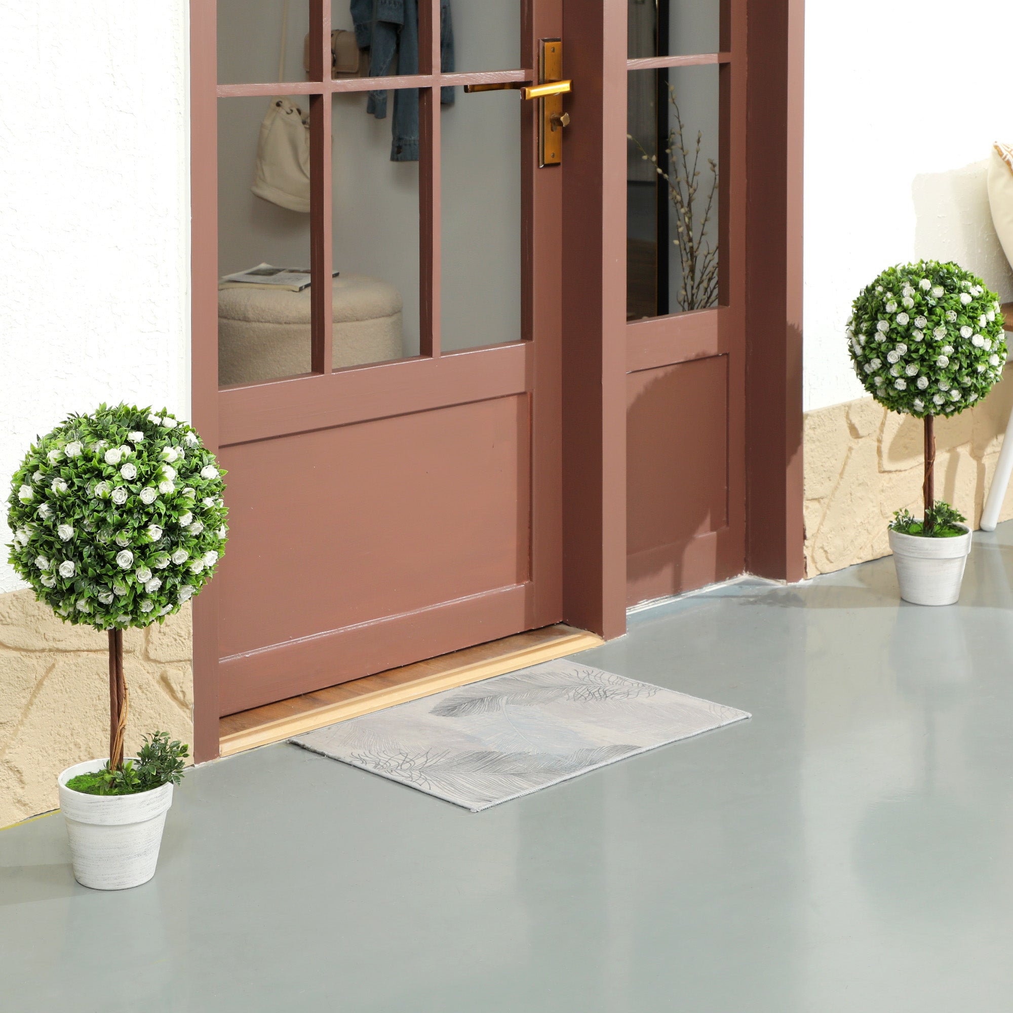 HOMCOM Set of 2 Decorative Artificial Plants, Ball Topiary Tree with Rose Flower in Pot, Fake Plants for Home Indoor Outdoor Decor, 60cm, White - North Peak Garden Furniture