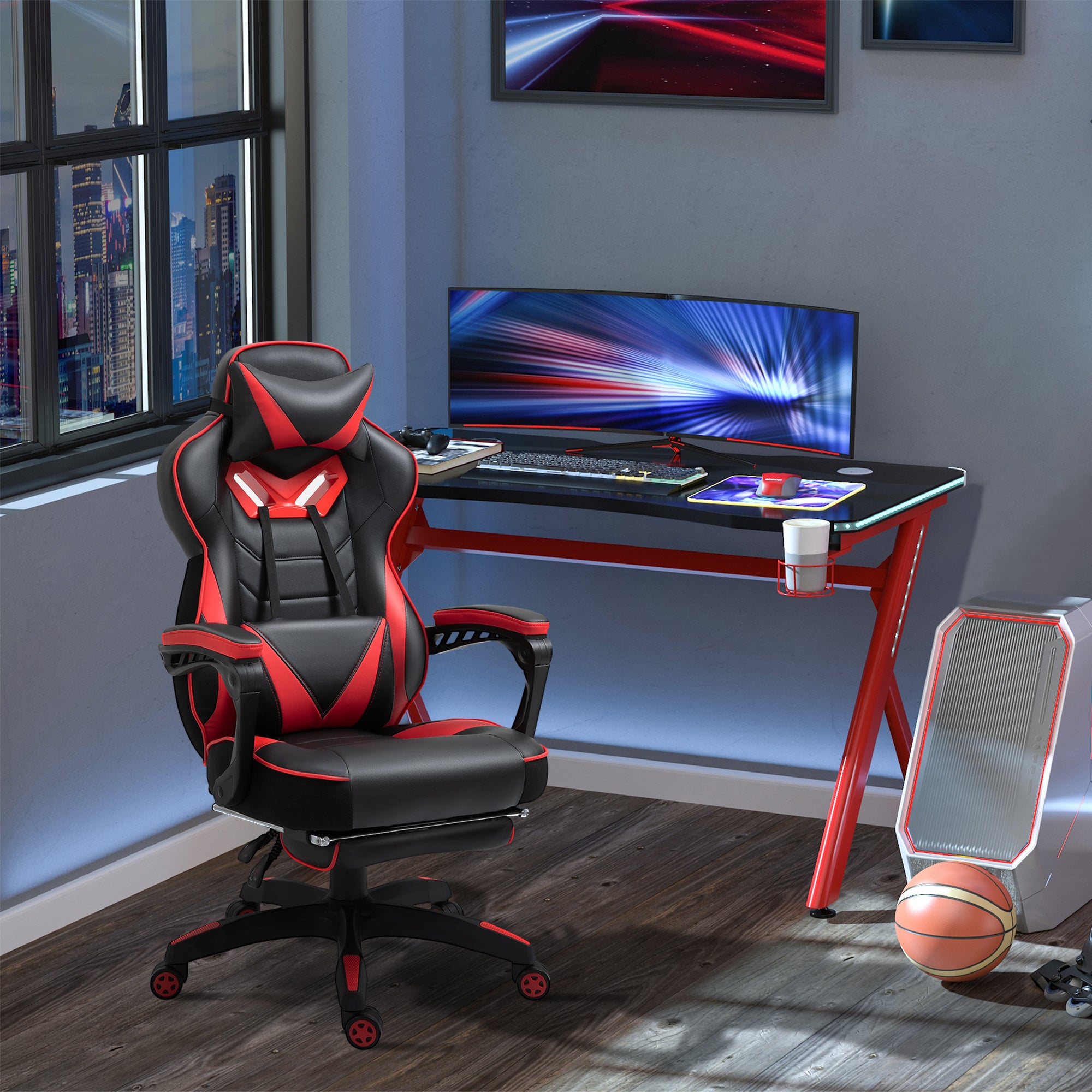 Vinsetto Computer Gaming Chair, Racing Desk Chair with Lumbar Support and Footrest, PU Leather Gamer Chair with Headrest and Swivel Wheels for Home, Red - North Peak Garden Furniture