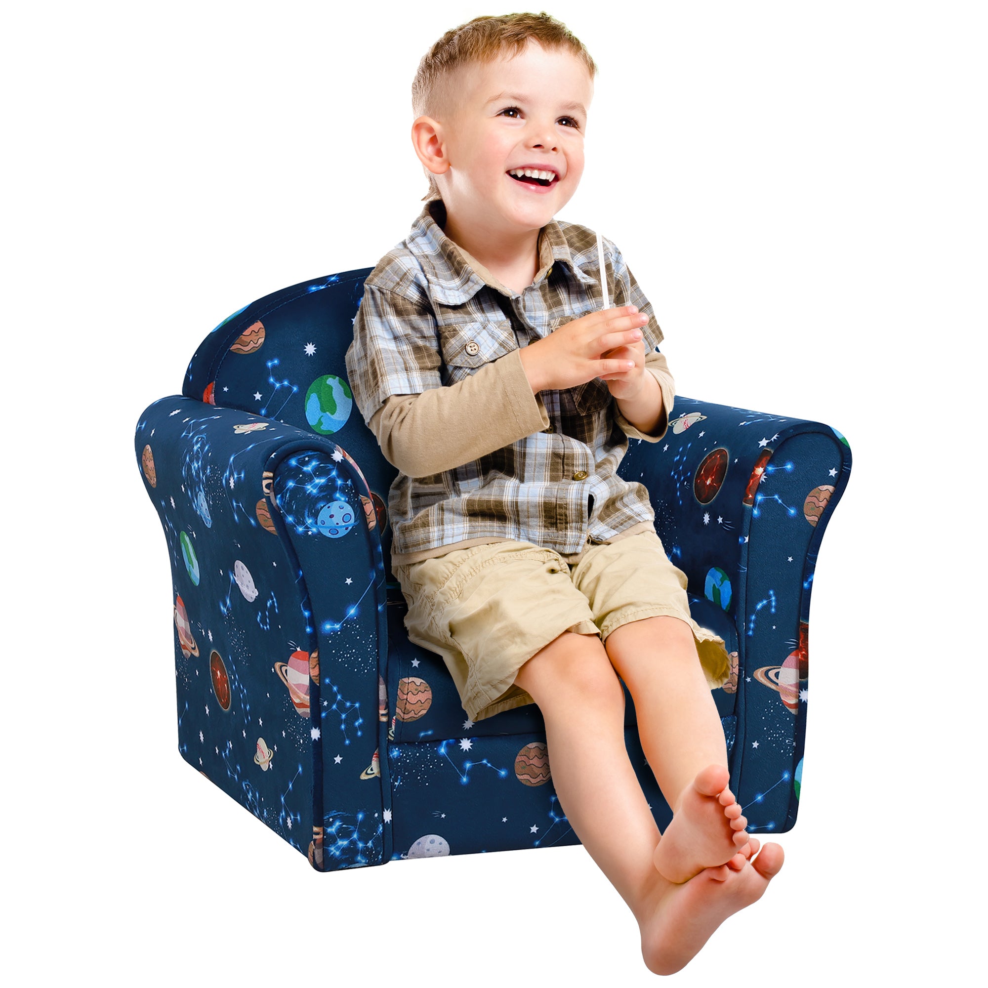 HOMCOM Kids Planet-Themed Armchair, with Non-Slip Feet, Wooden Frame - Blue - North Peak Garden Furniture