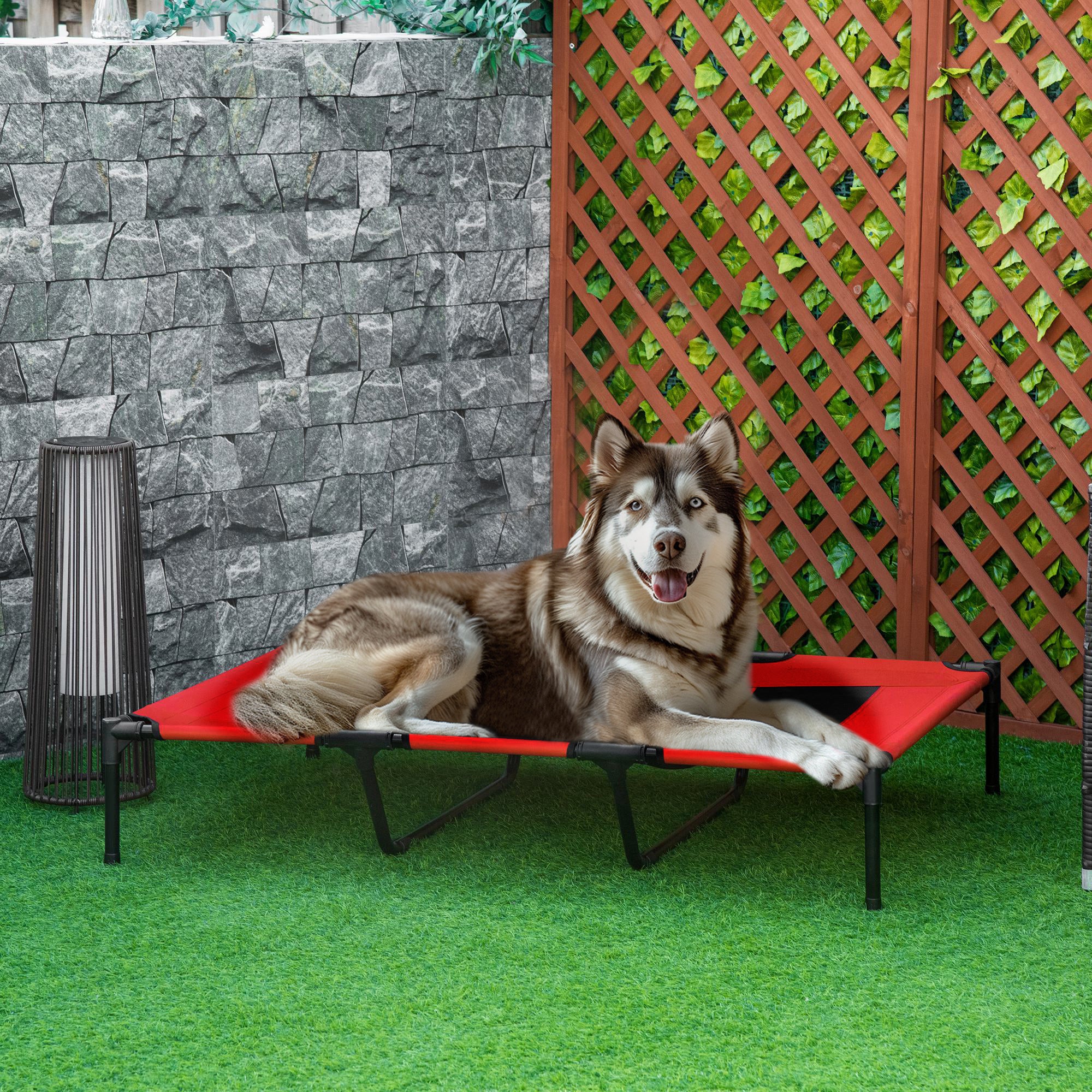 PawHut Raised Dog Bed Cooling Elevated Pet Cot with Breathable Mesh for Indoor Outdoor Use Red, XX Large, 122 x 92 x 23cm - North Peak Garden Furniture