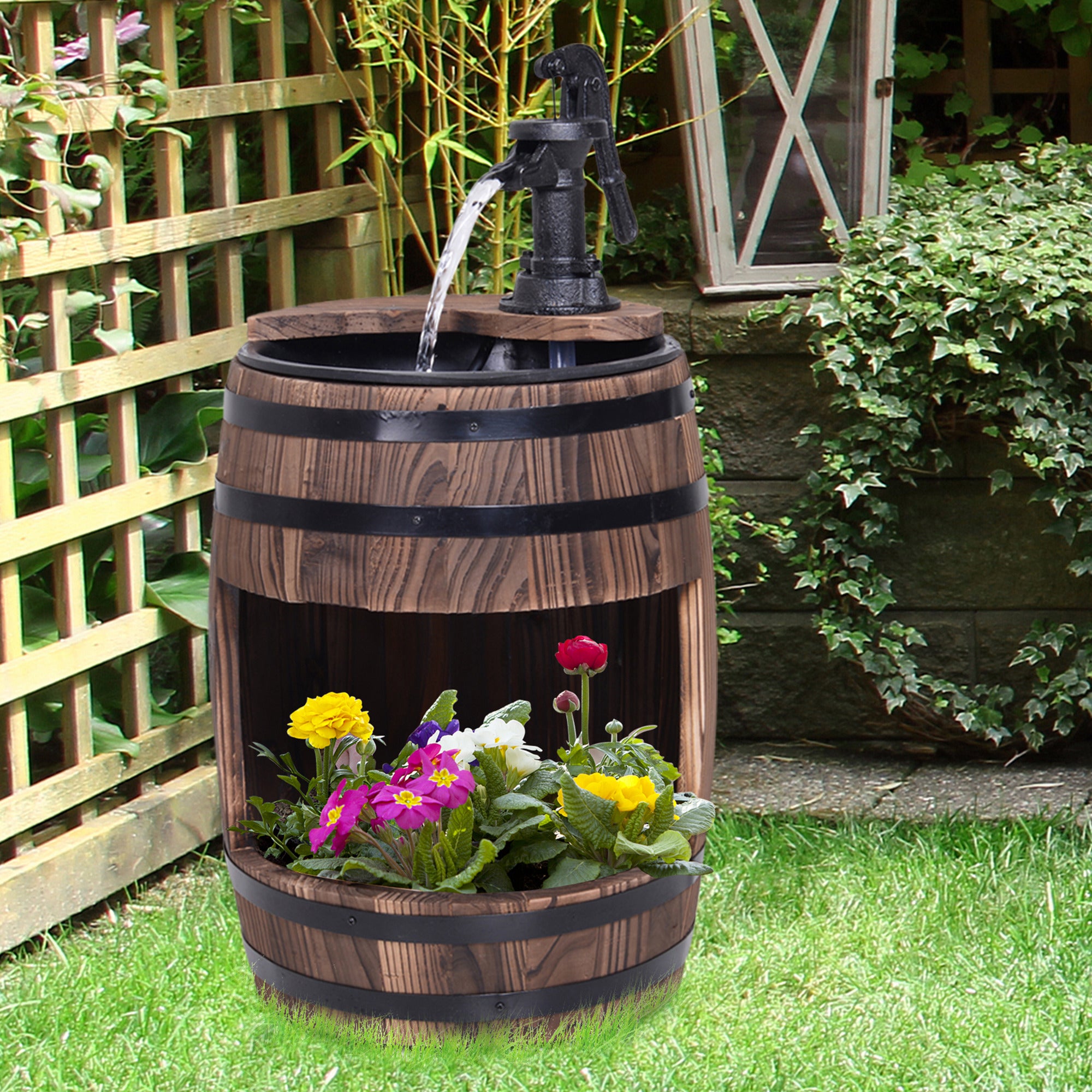 Outsunny Wood Barrel Patio Water Fountain Electric Pump Garden Decorative Ornament with Flower Planter Decor - North Peak Garden Furniture