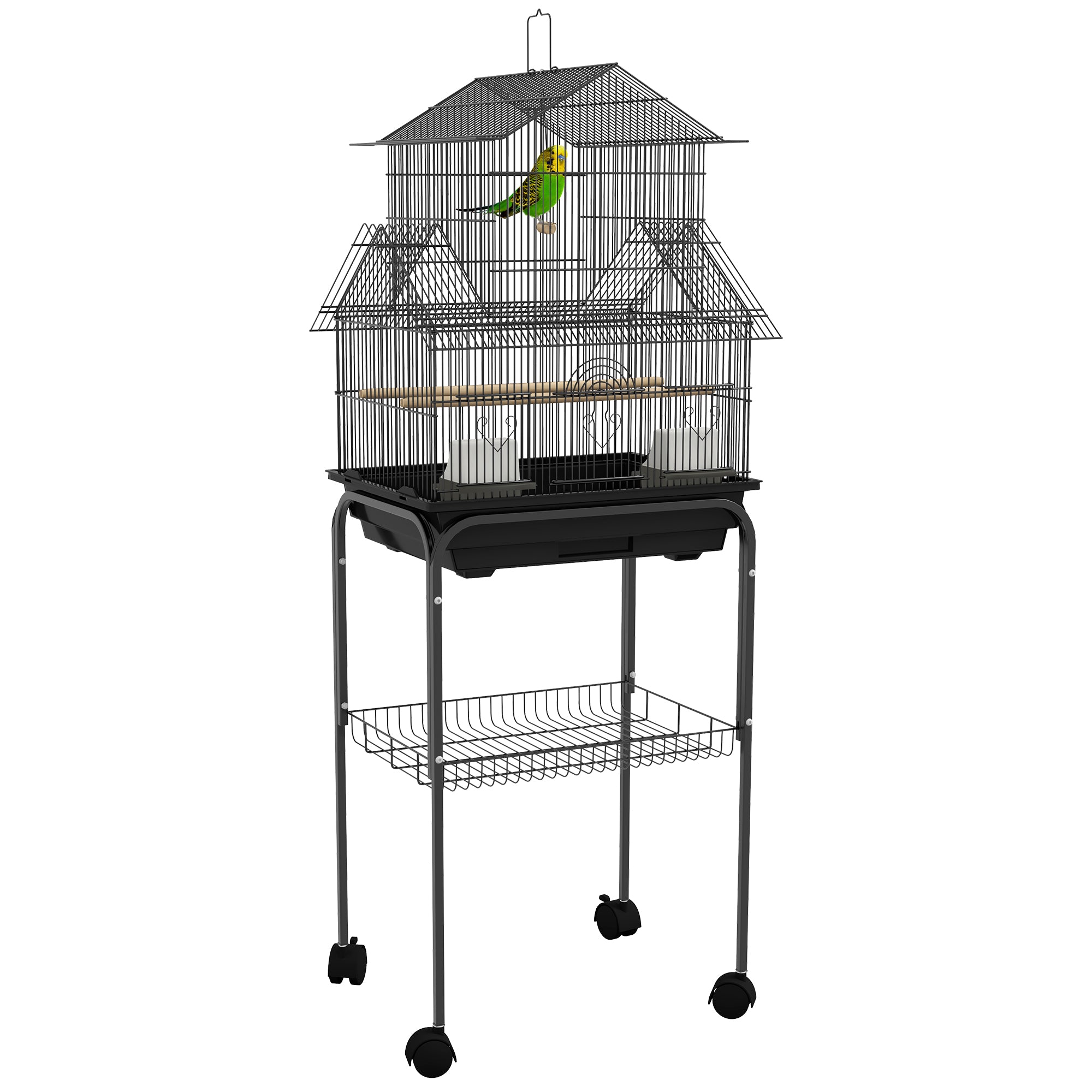 PawHut Metal Bird Cage with Plastic Swing, Perch, Food Container, Tray, Handle, for Finches, Canaries, Budgies, 50.5 x 40 x 63cm - North Peak Garden Furniture