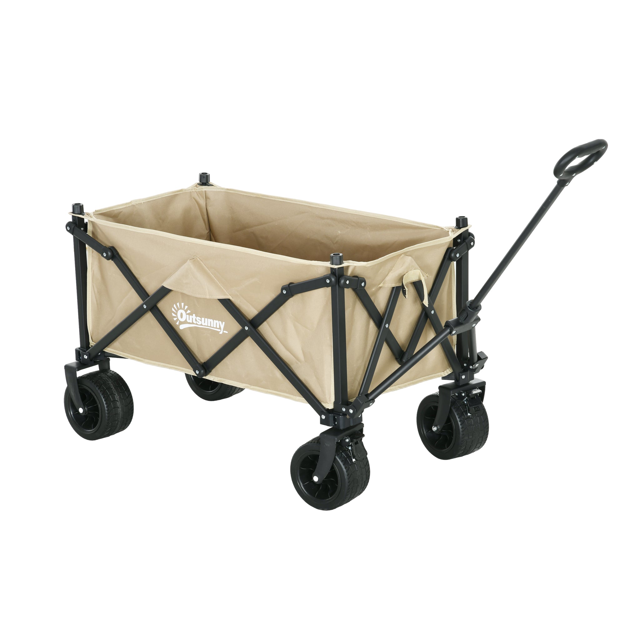 Outsunny Folding Garden Trolley, Outdoor Wagon Cart with Carry Bag, for Beach, Camping, Festival, 120KG Capacity, Khaki - North Peak Garden Furniture