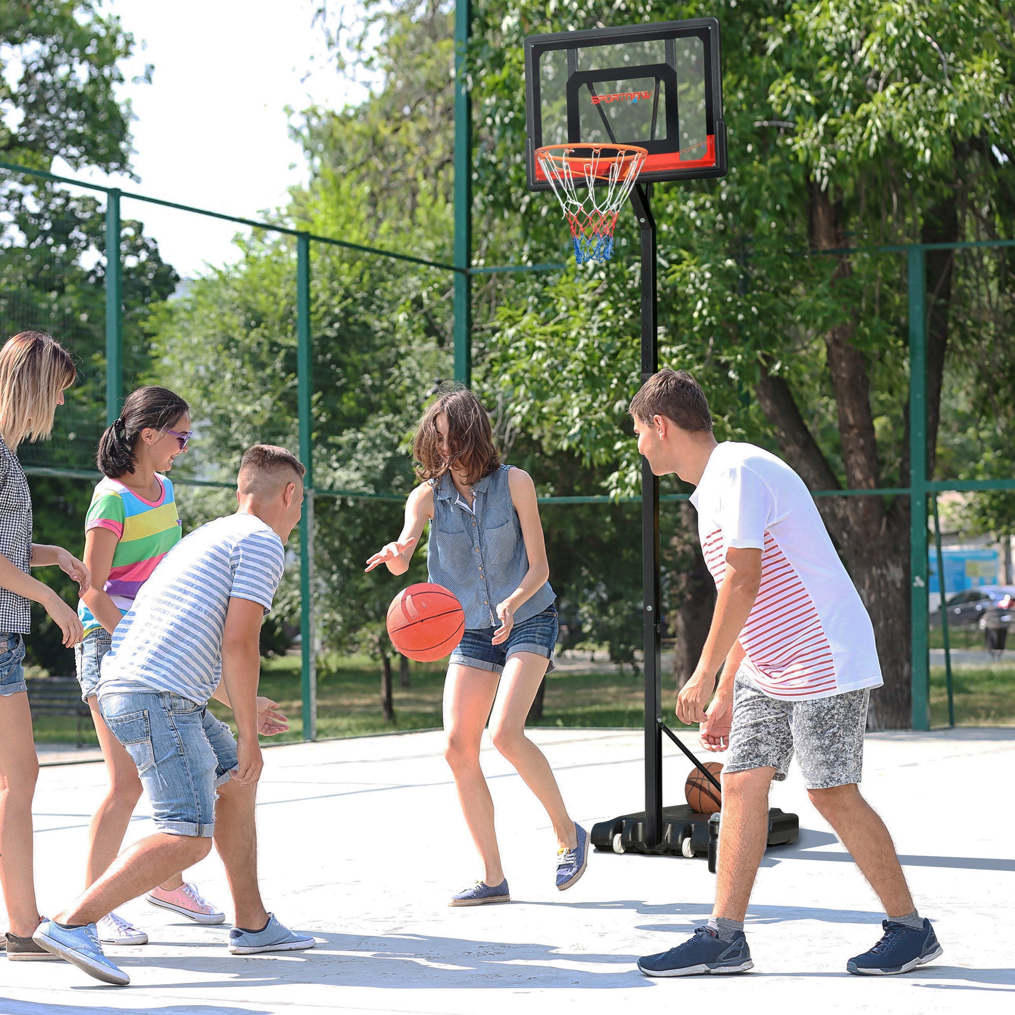 SPORTNOW 2.1-2.6m Adjustable Basketball Hoop and Basketball Stand w/ Backboard and Weighted Base, Portable on Wheels, Black - North Peak Garden Furniture
