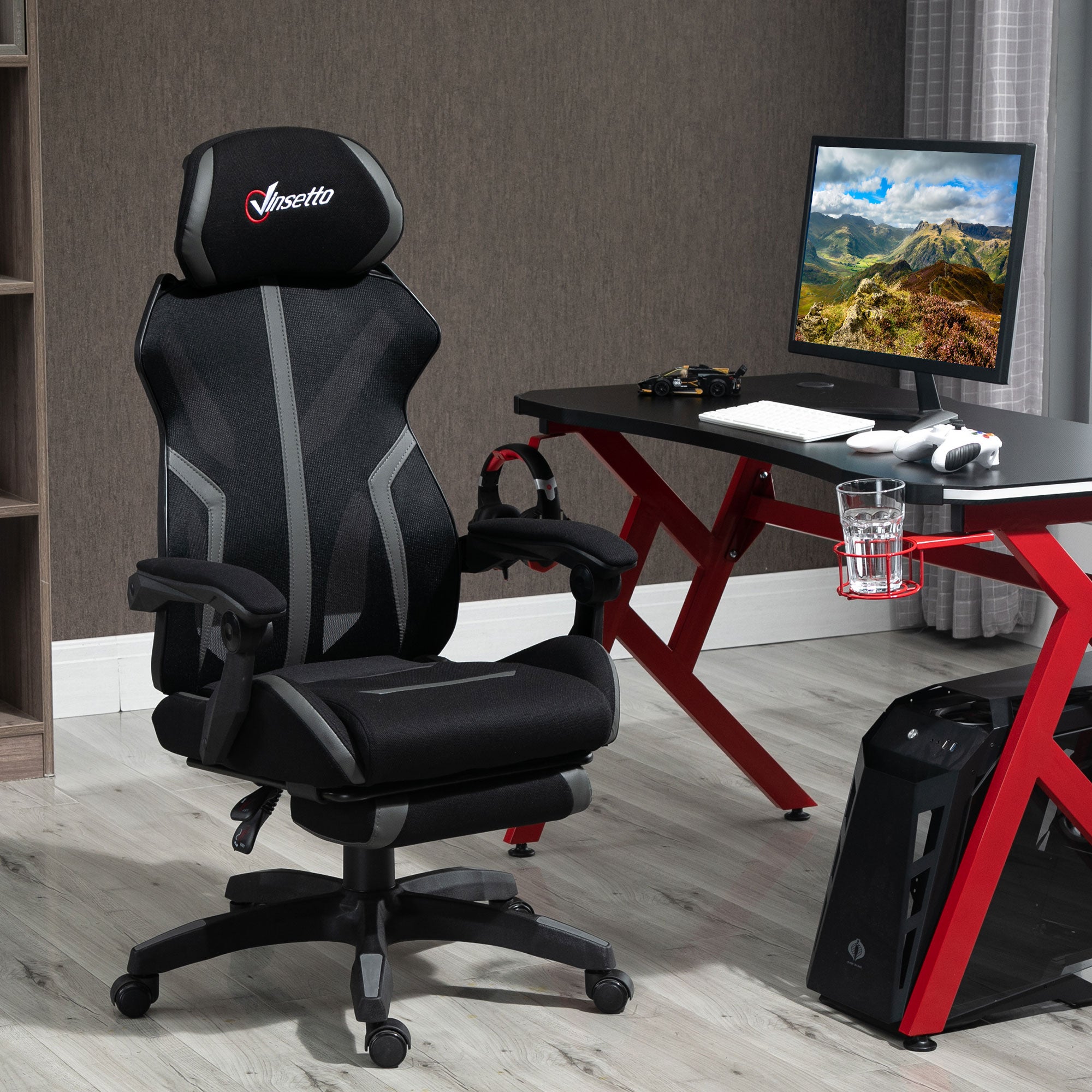 Vinsetto Mesh Office Chair Desk Task Computer Recliner with Footrest, Lumbar Back Support, Swivel Wheels, Adjustable Height for Home, Black Grey - North Peak Garden Furniture