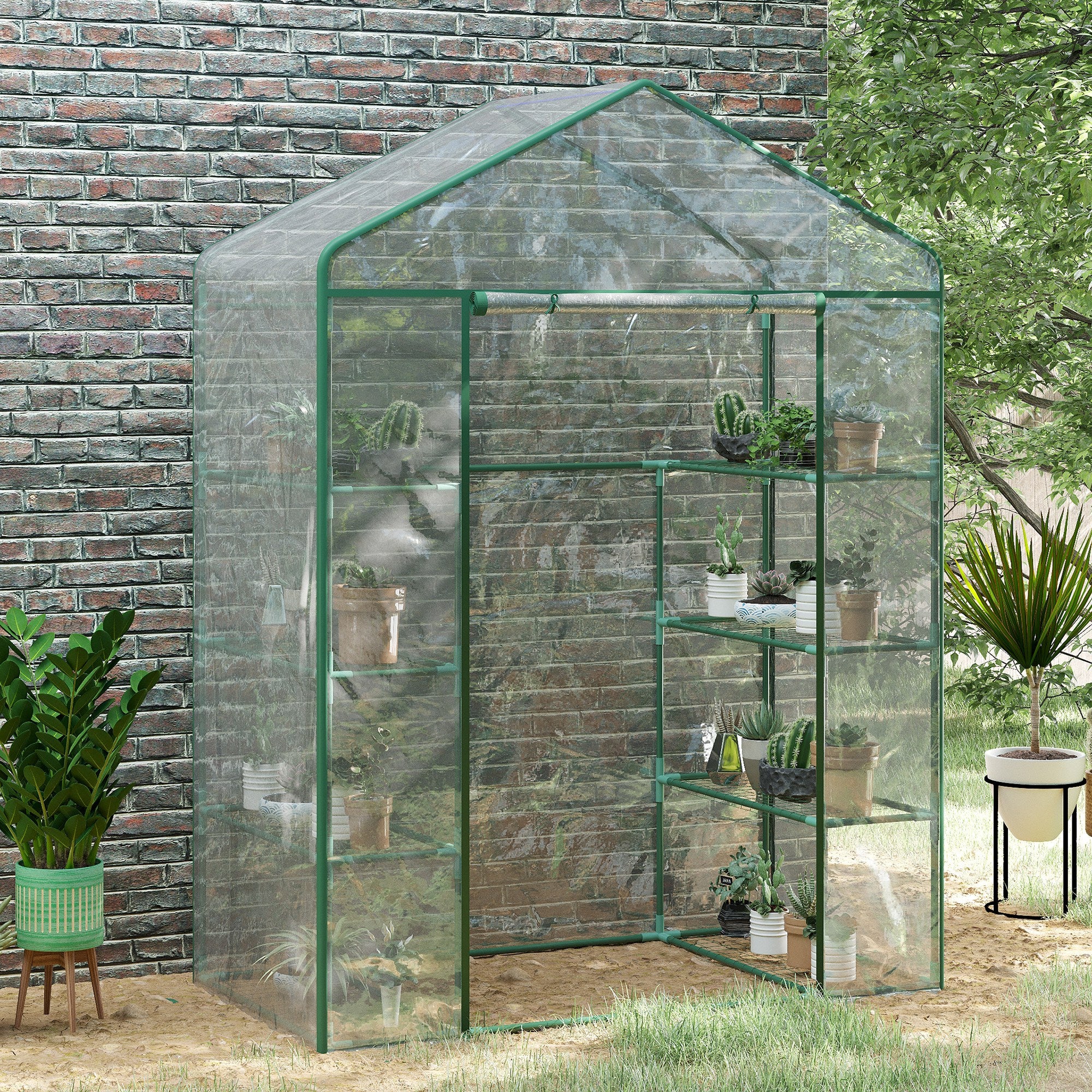 Outsunny Walk in Greenhouse with 4-Tier 8 Shelves, Green House with Hemmed Cover, Roll-up Zipped Door, Steel Frame, 143 x 73 x 195cm - North Peak Garden Furniture