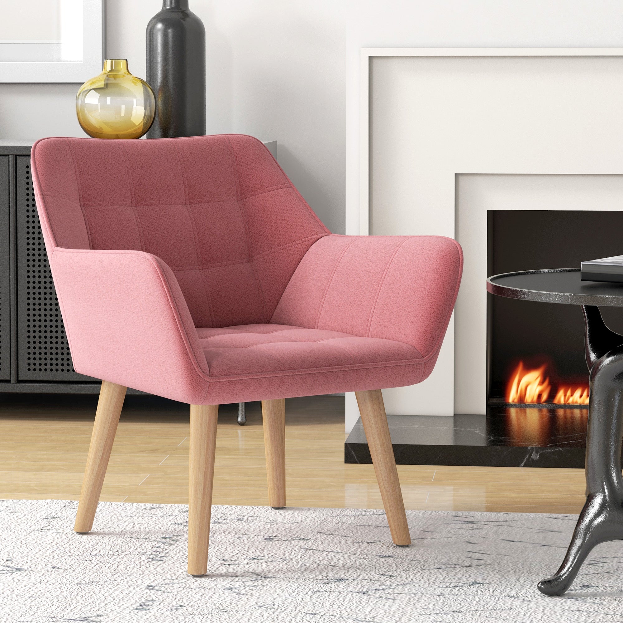 HOMCOM Accent Chair, Arm Chair with Wide Arms, Slanted Back, Thick Padding and Rubber Wooden Legs for Living Room, Pink - North Peak Garden Furniture
