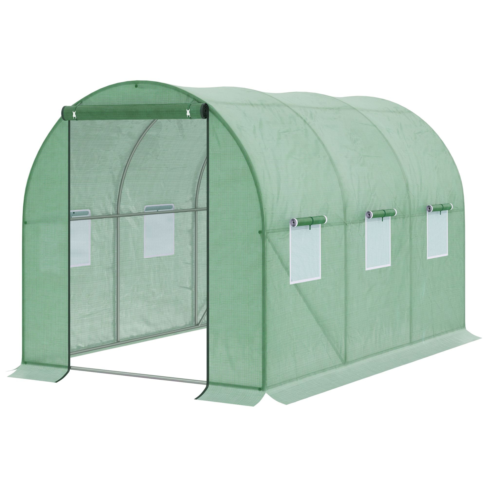 Outsunny Walk-in Polytunnel Greenhouse, Outdoor Garden Tunnel Greenhouse Tent with Zipped Roll-Up Door and 6 Mesh Windows, 3 x 2M - North Peak Garden Furniture