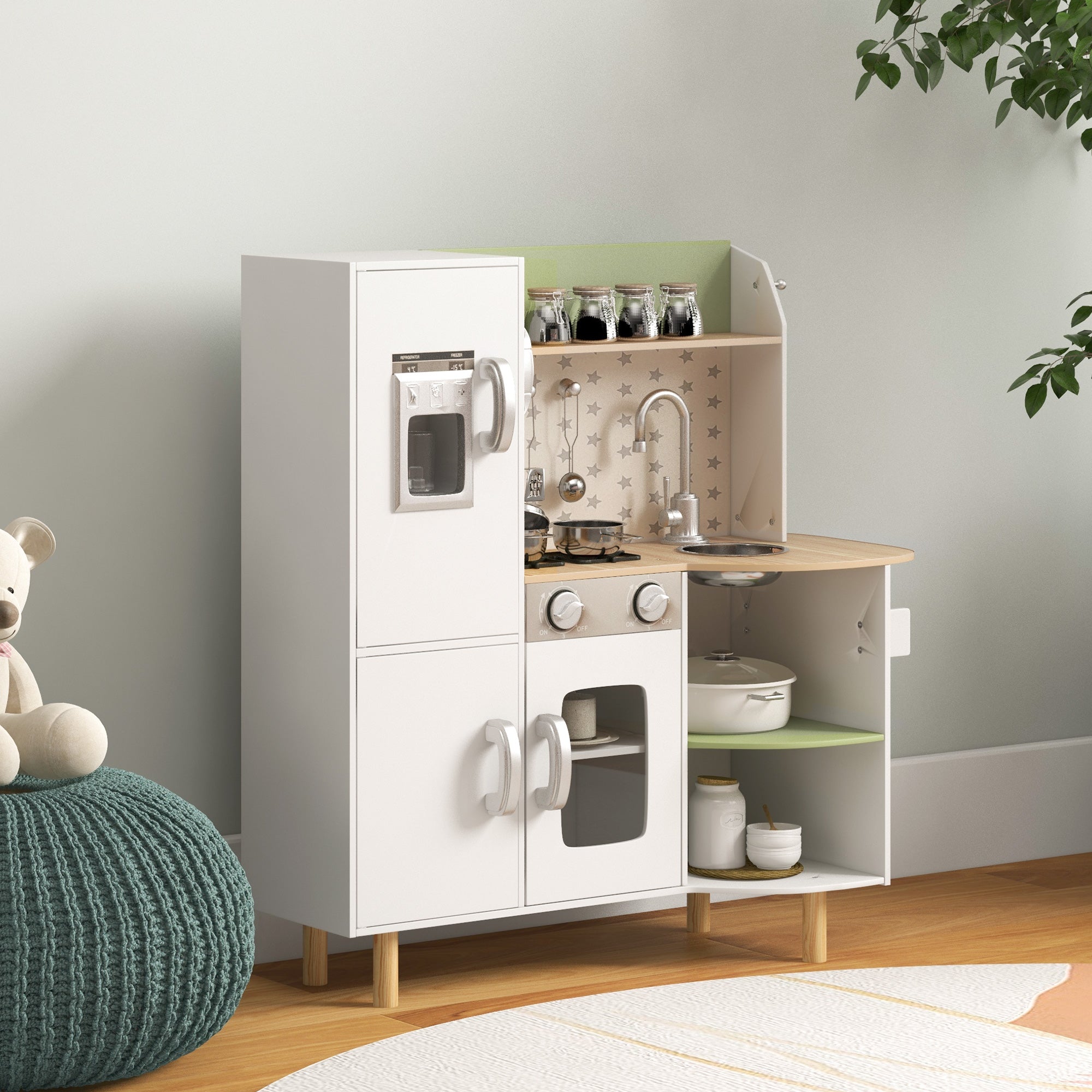 AIYAPLAY Toy Kitchen, Kids Play Kitchen, Role Playing Game with Phone, Ice Maker, Stove, Utensils, for 3-6 Years, White - North Peak Garden Furniture