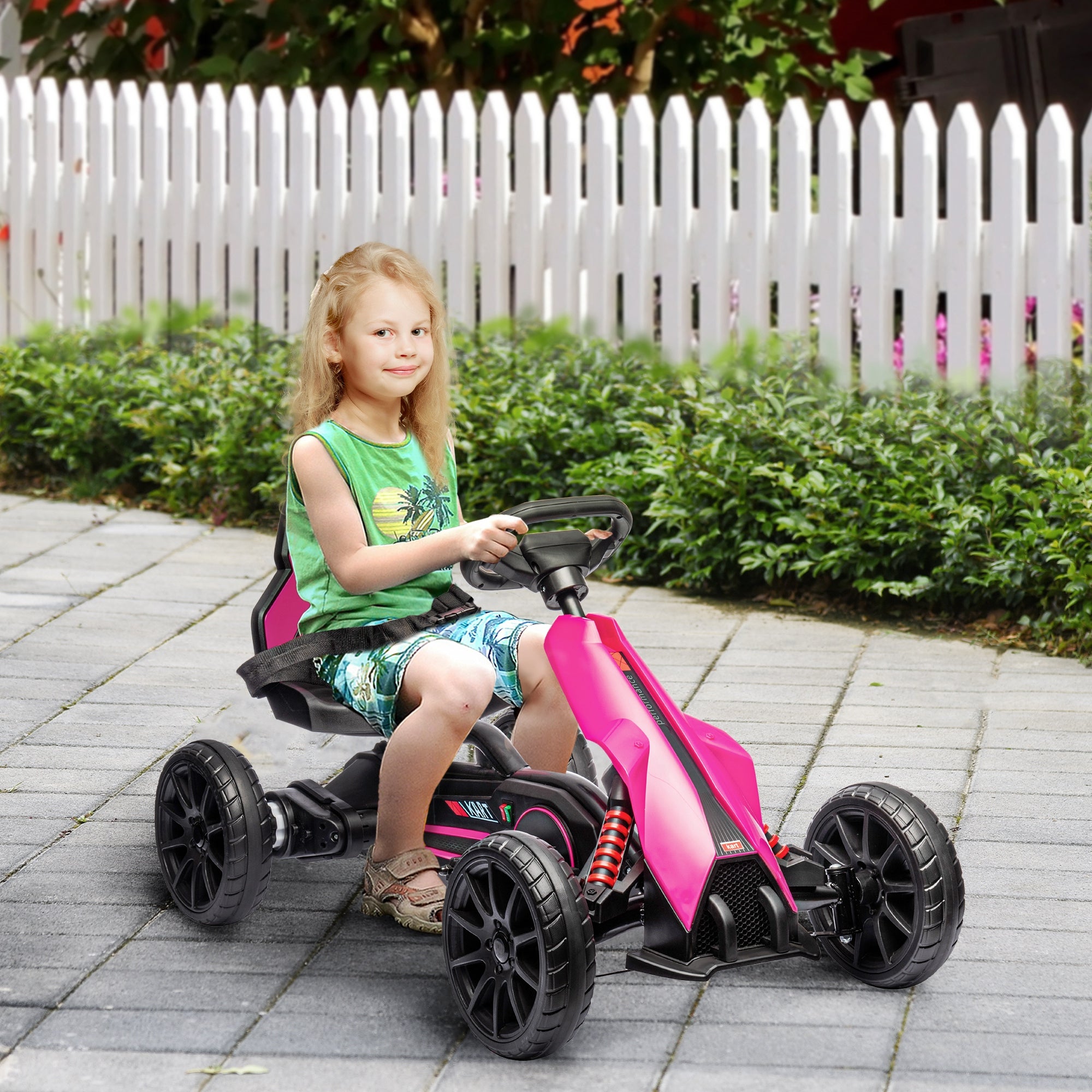 HOMCOM 12V Electric Go Kart for Kids, Ride-On Racing Go Kart with Forward Reversing, Rechargeable Battery, 2 Speeds, for Boys Girls Aged 3-8 Years Old - Pink - North Peak Garden Furniture