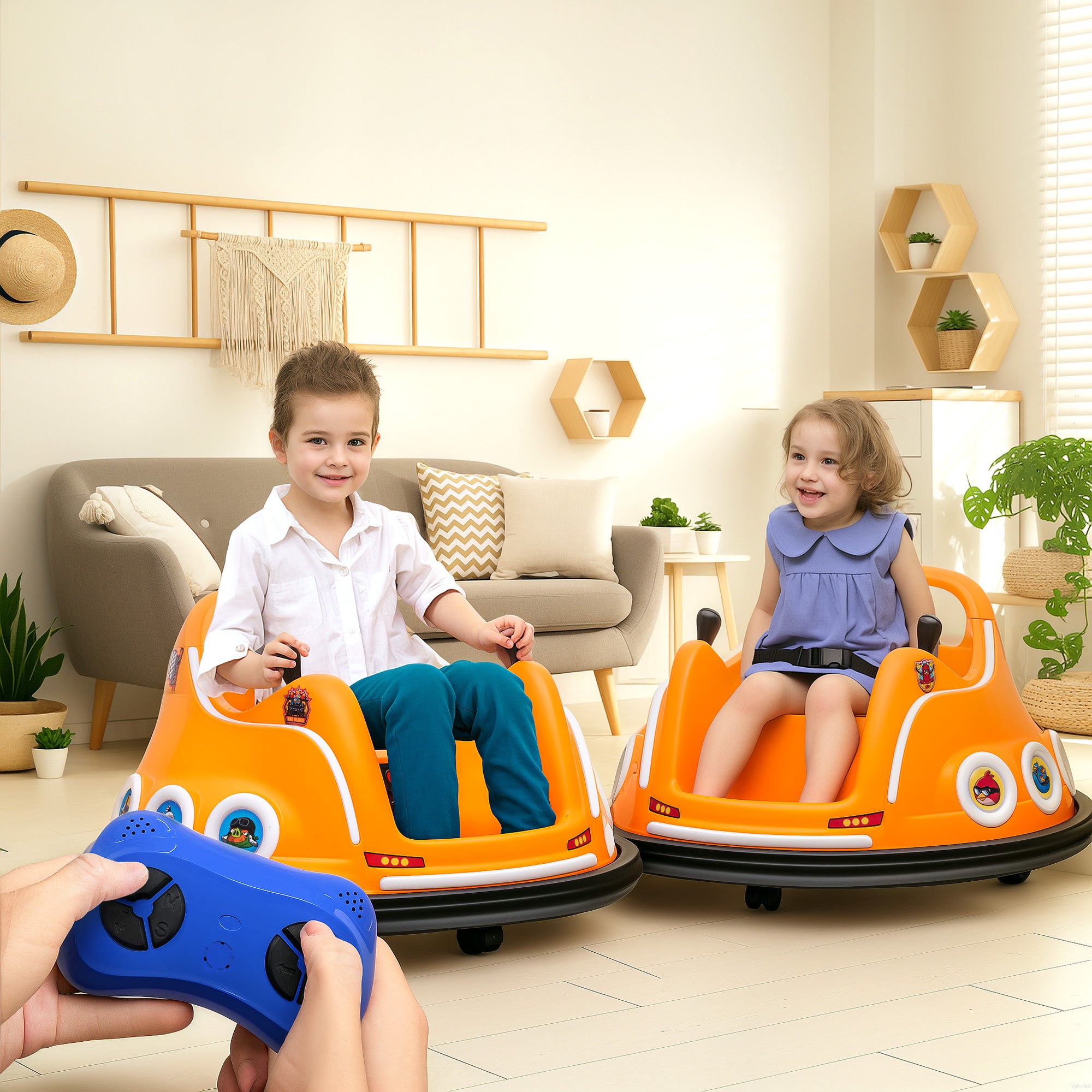 AIYAPLAY Angry Bird Licensed Waltzer Car, 12V Kids Bumper Car w/ Joysticks, Remote, Music LED Lights - Orange - North Peak Garden Furniture