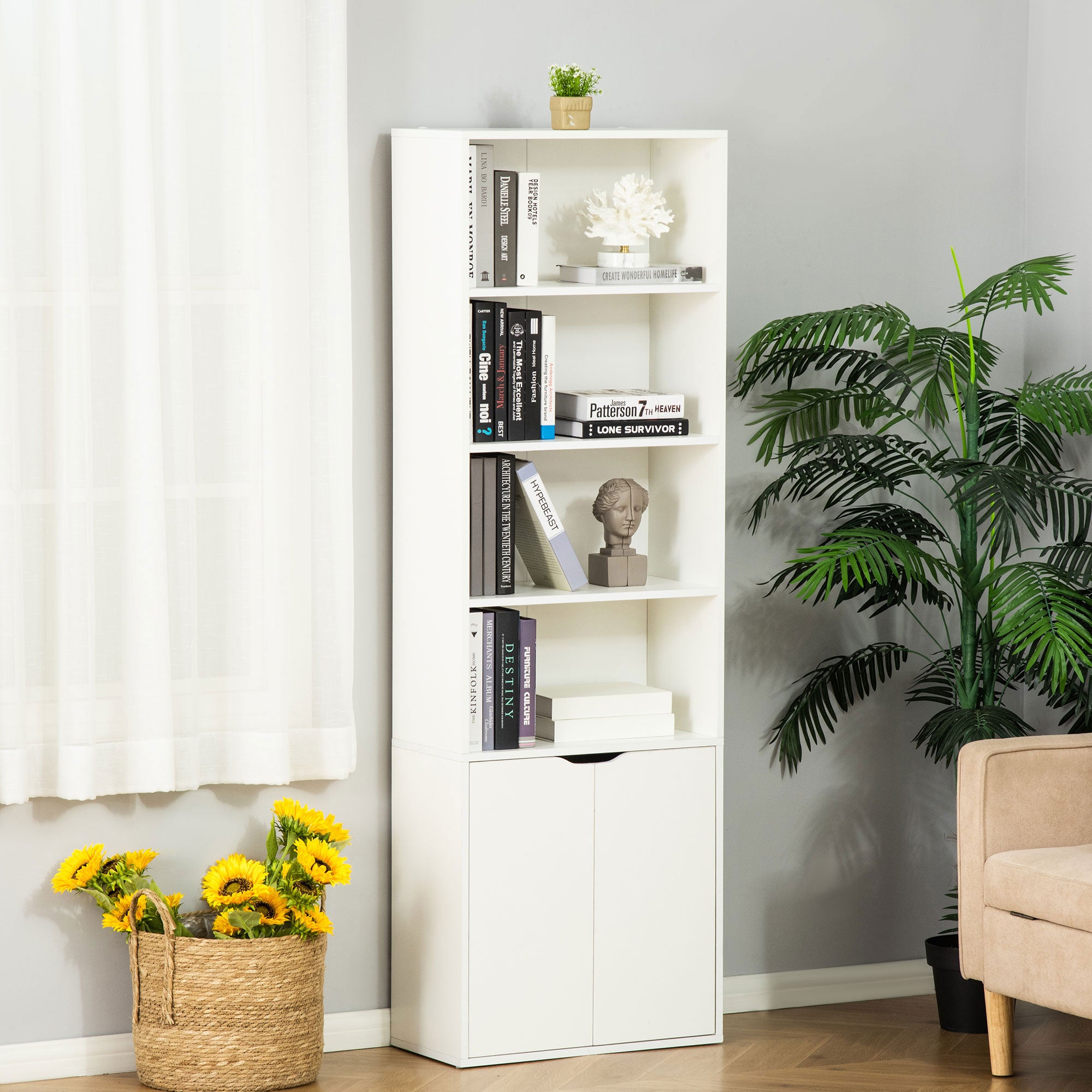 HOMCOM 6-Tier Tall Bookcase, Bookshelf with 4 Open Shelves and Double Door Storage Cabinet, Freestanding Display Rack for Living Room, Bedroom, Home Office, Study, 59 x 29 x 180cm, White - North Peak Garden Furniture