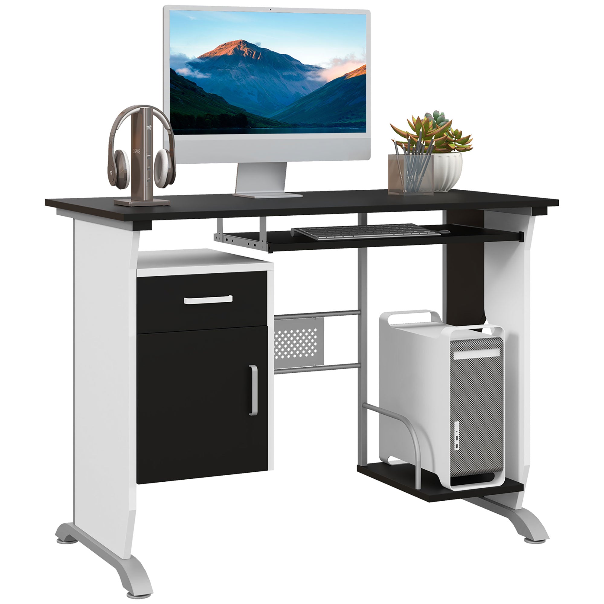 HOMCOM Computer Desk with Sliding Keyboard Tray, Storage Drawers and Host Box Shelf, Home Office Desk, Study Workstation, 100 x 52 x 75cm, Black - North Peak Garden Furniture