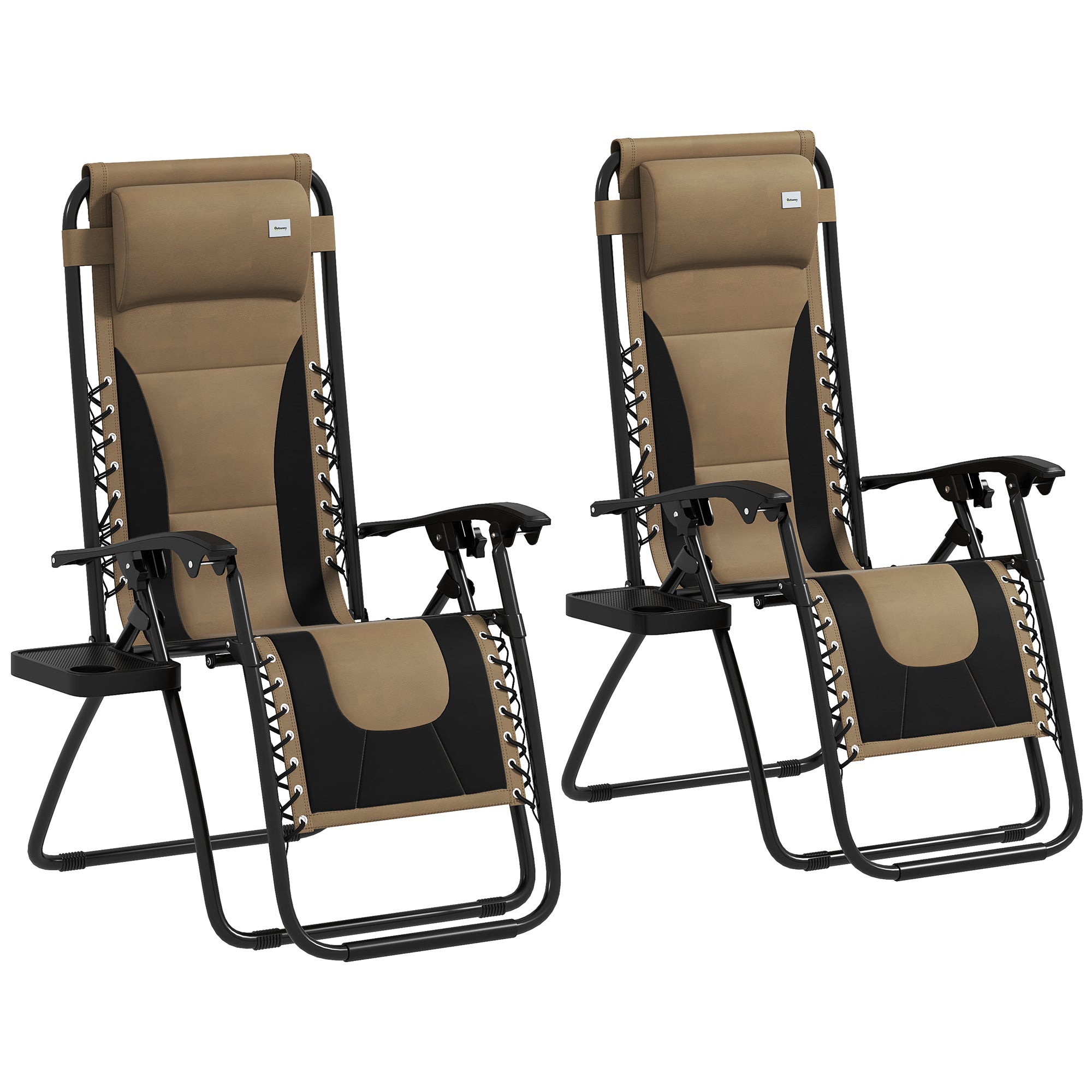 Outsunny Zero Gravity Lounger Chair Set of 2, Folding Reclining Patio Chair with Padded Seat, Cup Holder, Soft Cushion and Headrest for Poolside, Camping, Coffee - North Peak Garden Furniture