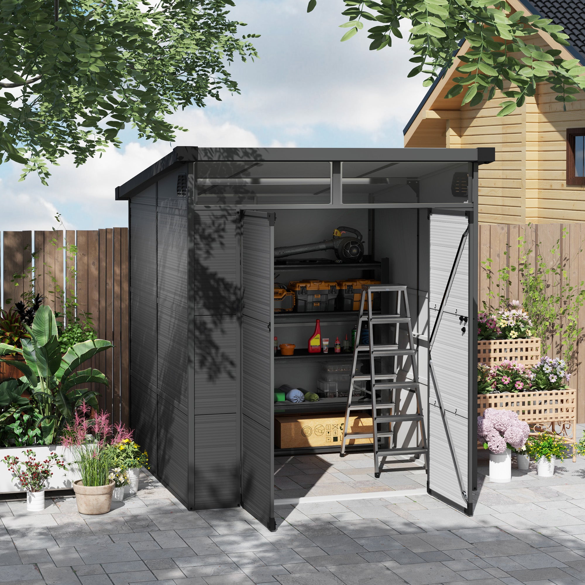 Outsunny 6 x 6ft Outdoor Storage Shed, Plastic Garden Shed with Windows and Air Vents, Outdoor Resin Tool Shed with Latch Doors for Garden, Deck, Dark Grey - North Peak Garden Furniture