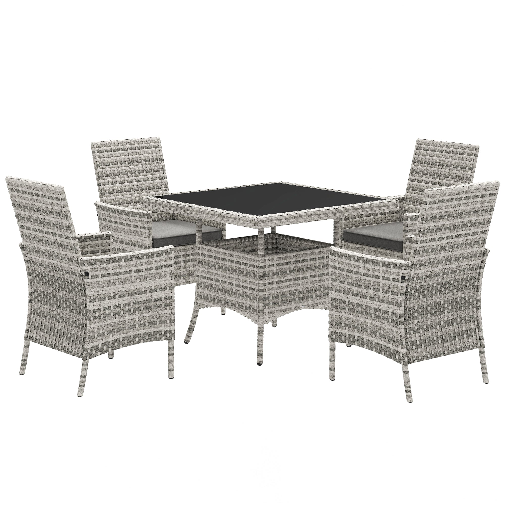 Outsunny Rattan Garden Furniture Set, Outdoor Dining Table and Chairs 4 Seater with Cushions, Square Tempered Glass Top, 4 Armchairs, for Balcony, Terrace, Conservatory, Mixed-Grey - North Peak Garden Furniture