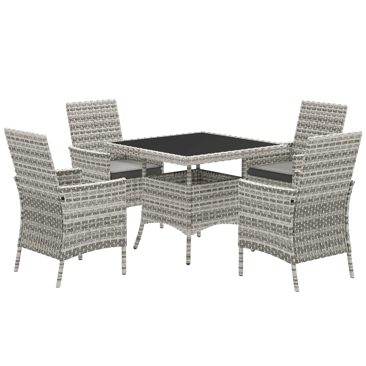 Outsunny Rattan Garden Furniture Set, Outdoor Dining Table and Chairs 4 Seater with Cushions, Square Tempered Glass Top, 4 Armchairs, for Balcony, Terrace, Conservatory, Mixed-Grey
