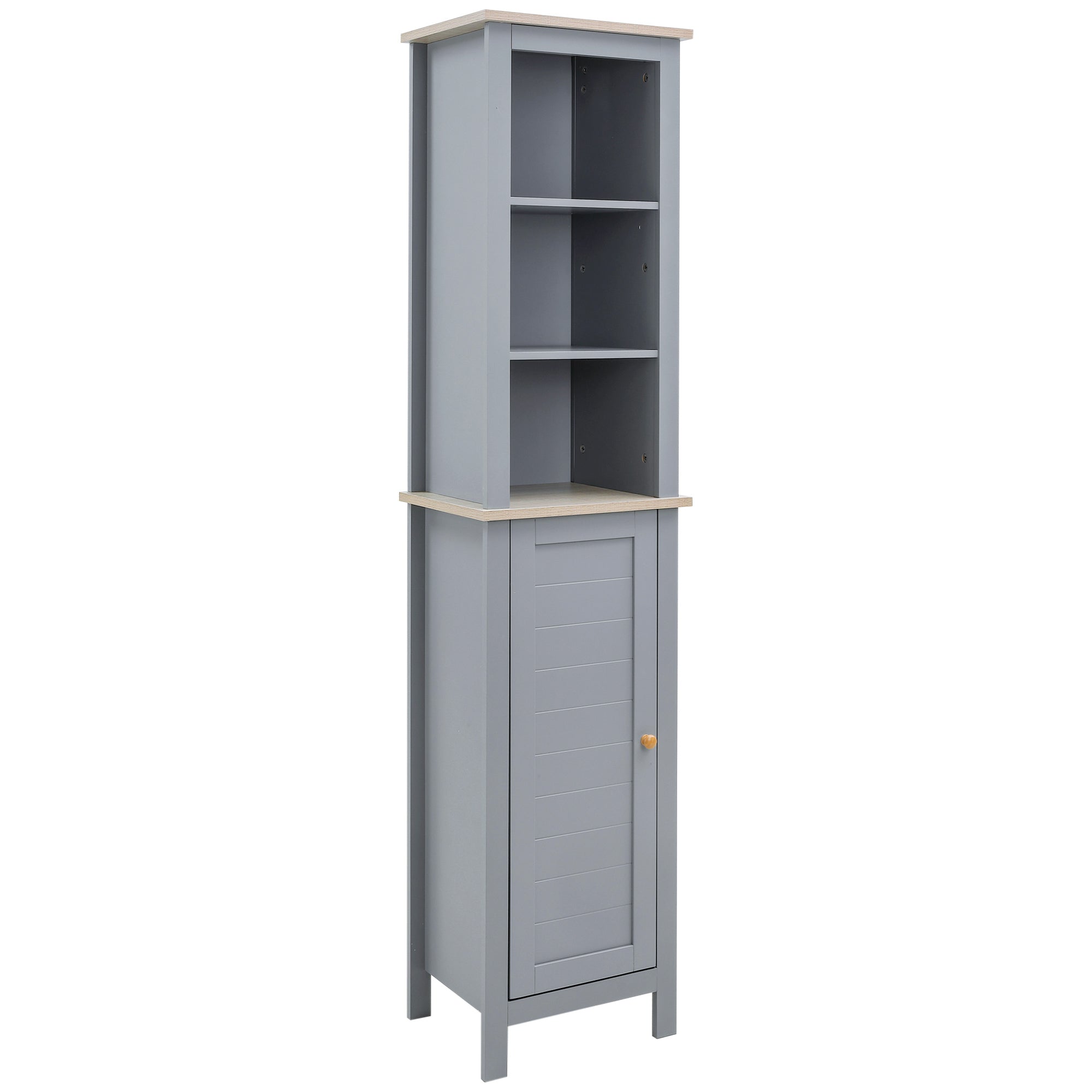 kleankin Bathroom Floor Storage Cabinet with 3 Tier Shelf and Cupboard with Door, Free Standing Linen Tower, Tall Slim Side Organizer Shelves, Grey - North Peak Garden Furniture
