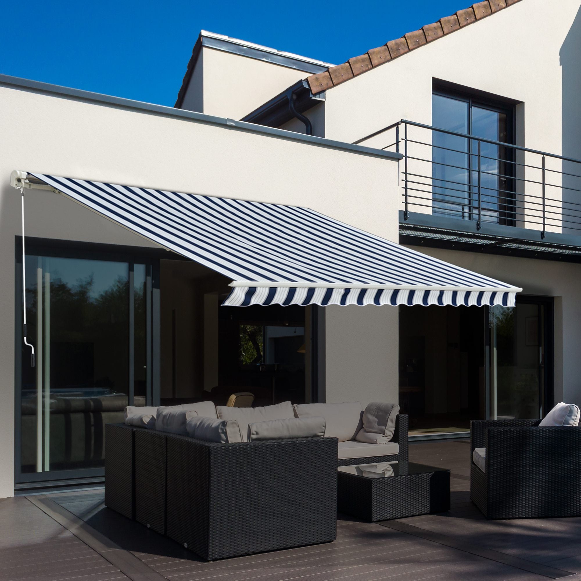 Outsunny Manual Retractable Awning, 3x2.5 m-Blue/White Stripes - North Peak Garden Furniture