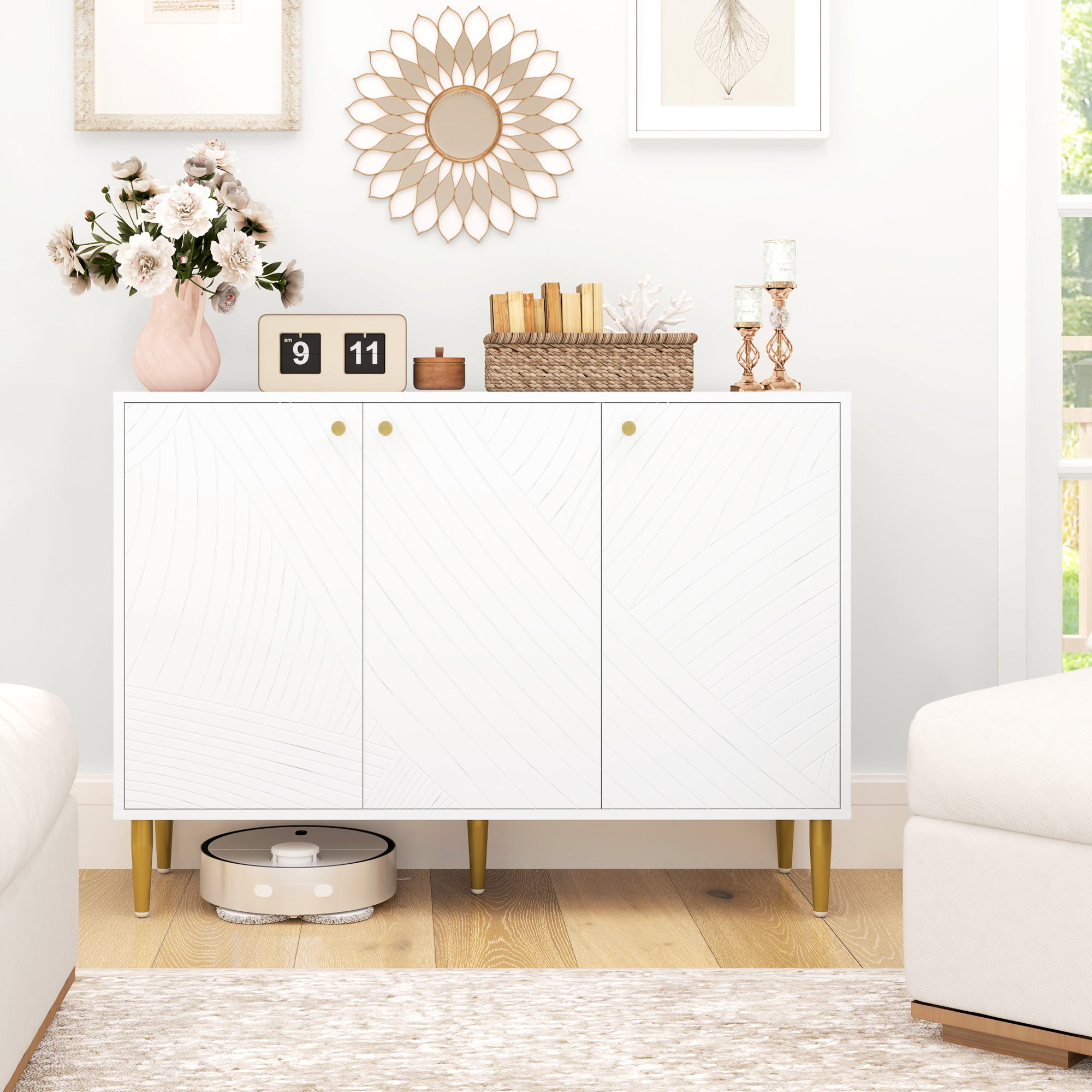 HOMCOM Elegant Two-Cupboard Sideboard - White/Gold-Tone - North Peak Garden Furniture